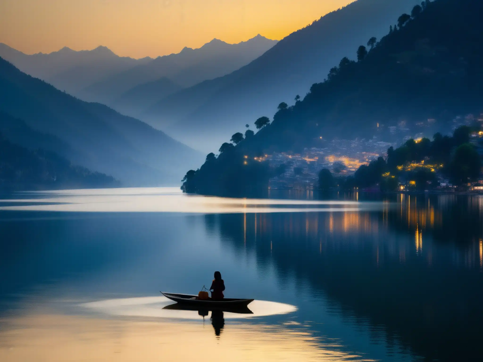 Misterio y encanto en el lago Nainital al atardecer, con la silueta de una dama en la orilla y los misteriosos reflejos de las montañas