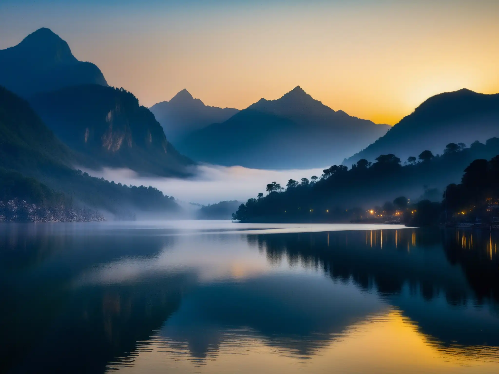 Misterio y encanto en la serena Dama del Lago Nainital al anochecer, con montañas reflejadas en las tranquilas aguas