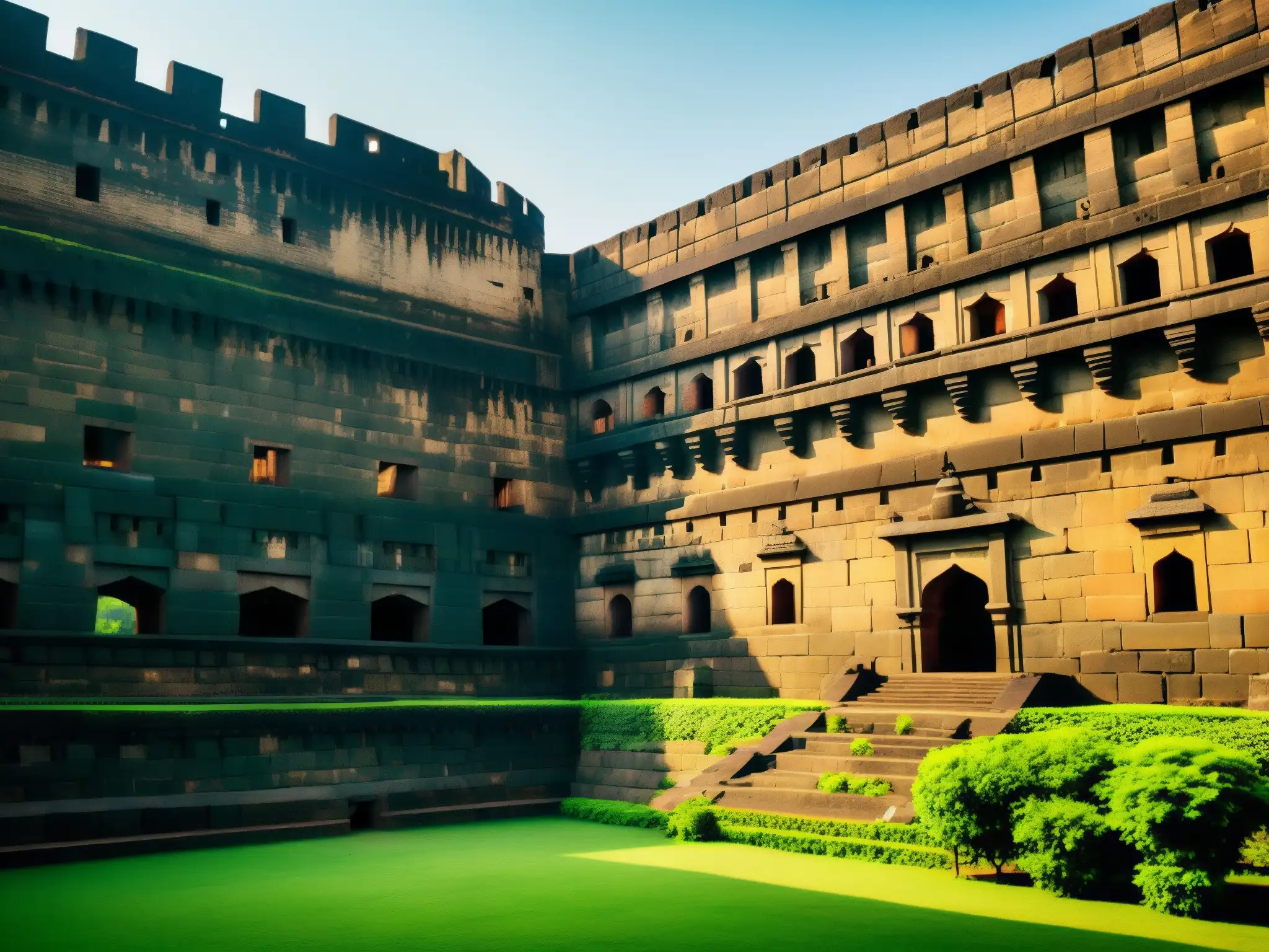 Misterio y enigma en el antiguo Fuerte Shaniwarwada, con detalles arquitectónicos y sombras evocadoras