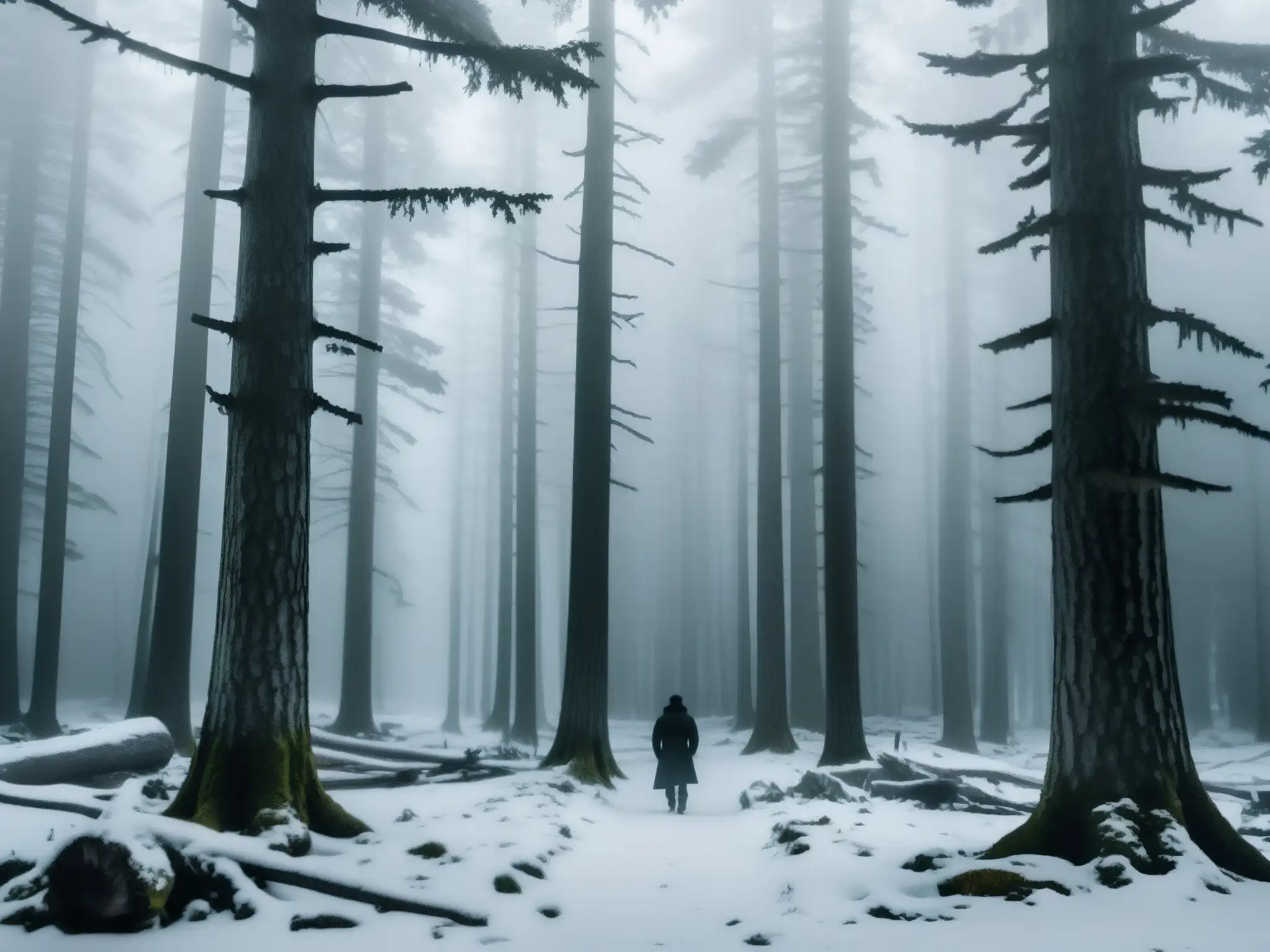 Misterio del Wendigo en Canadá: Escena boscosa neblinosa con árboles nevados, figura misteriosa entre las sombras