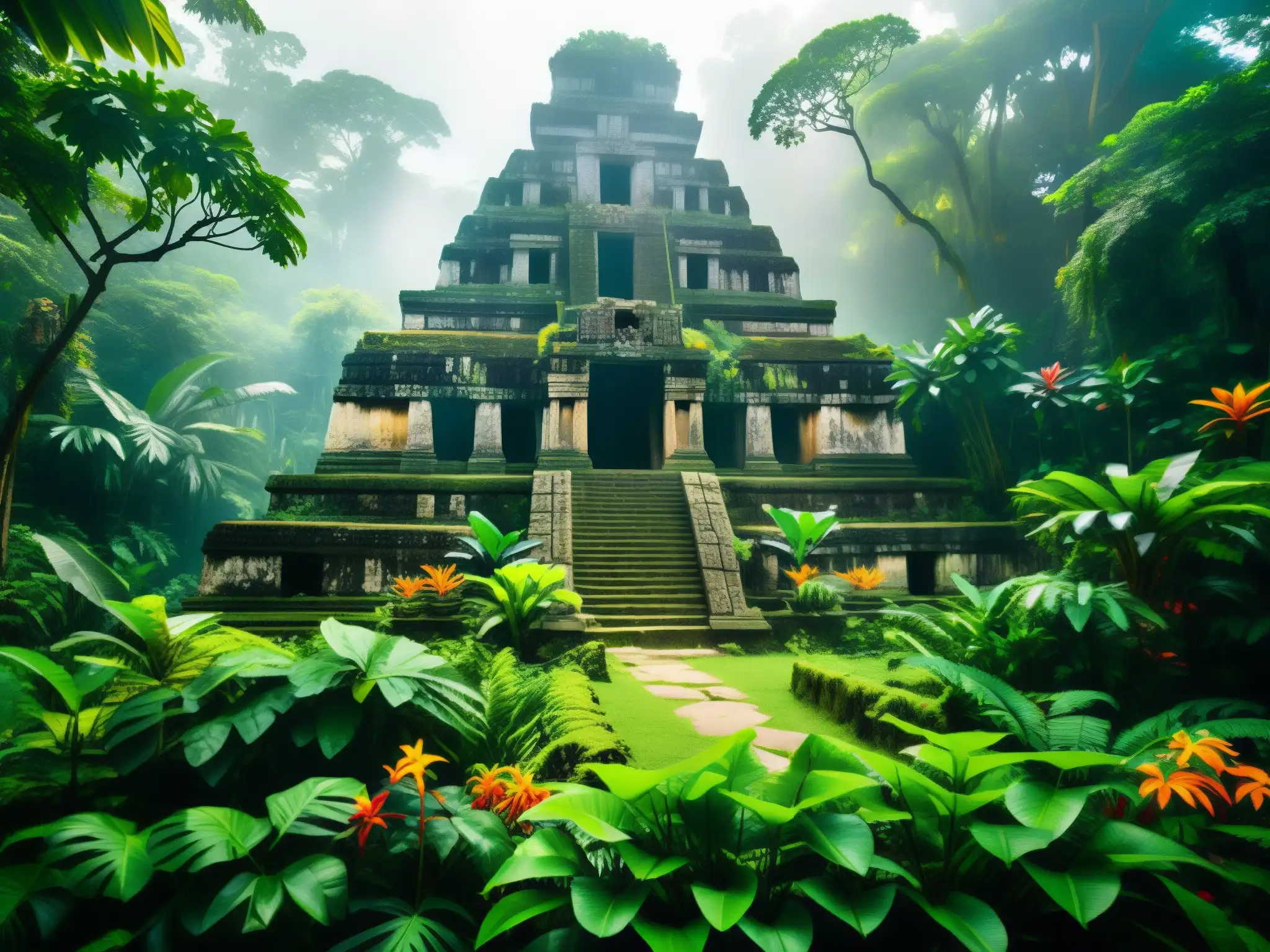 Misterio y exuberancia en la selva tropical, con ruinas de templo maya