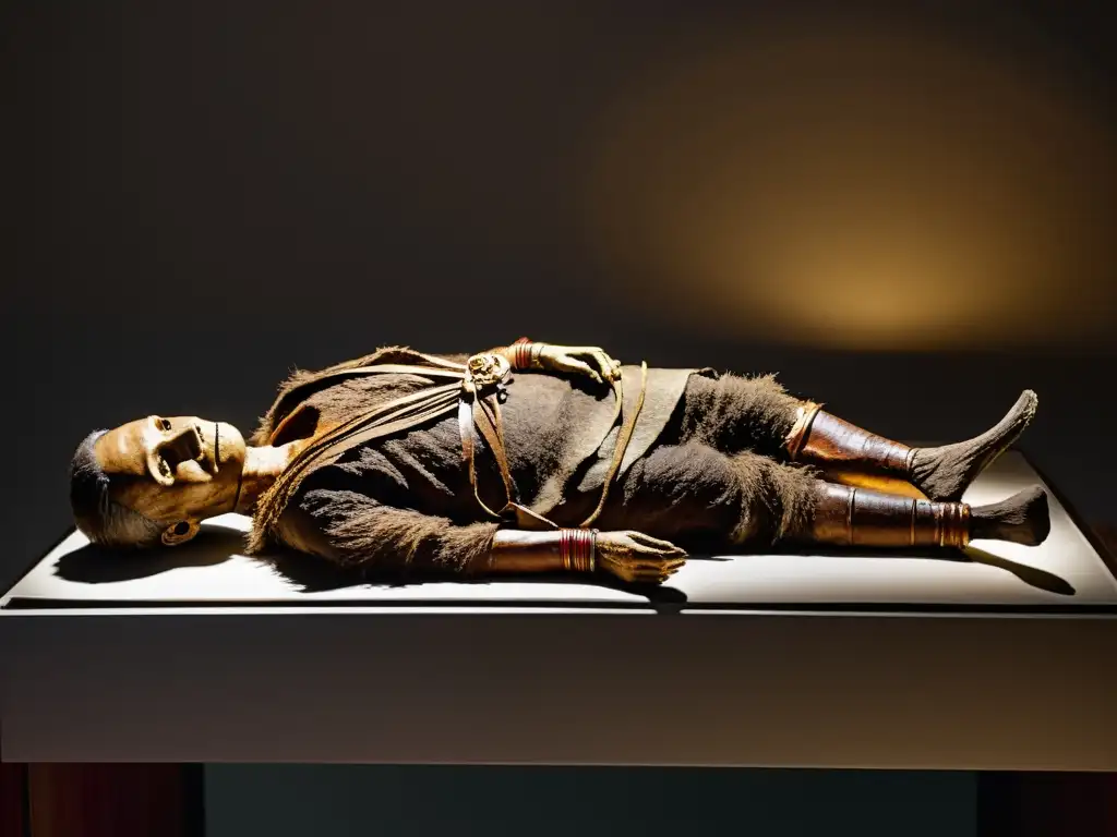 El misterio del Hombre de Hielo Ötzi, iluminado en la penumbra, revelando sus detalles fascinantes