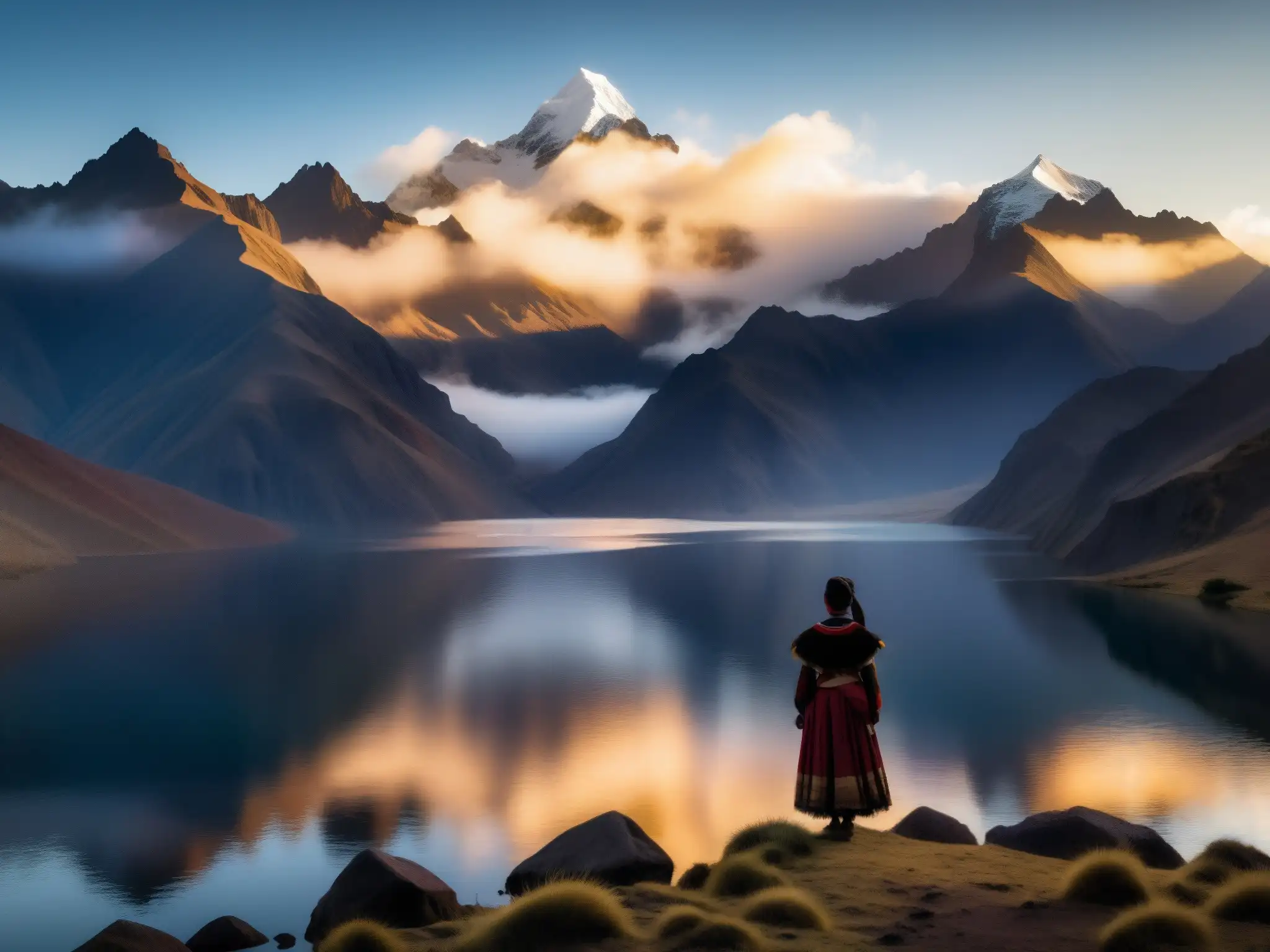 Misterio de la Llorona Andina: una mujer en traje tradicional junto a un lago en los Andes al atardecer, con un aura de misterio y belleza