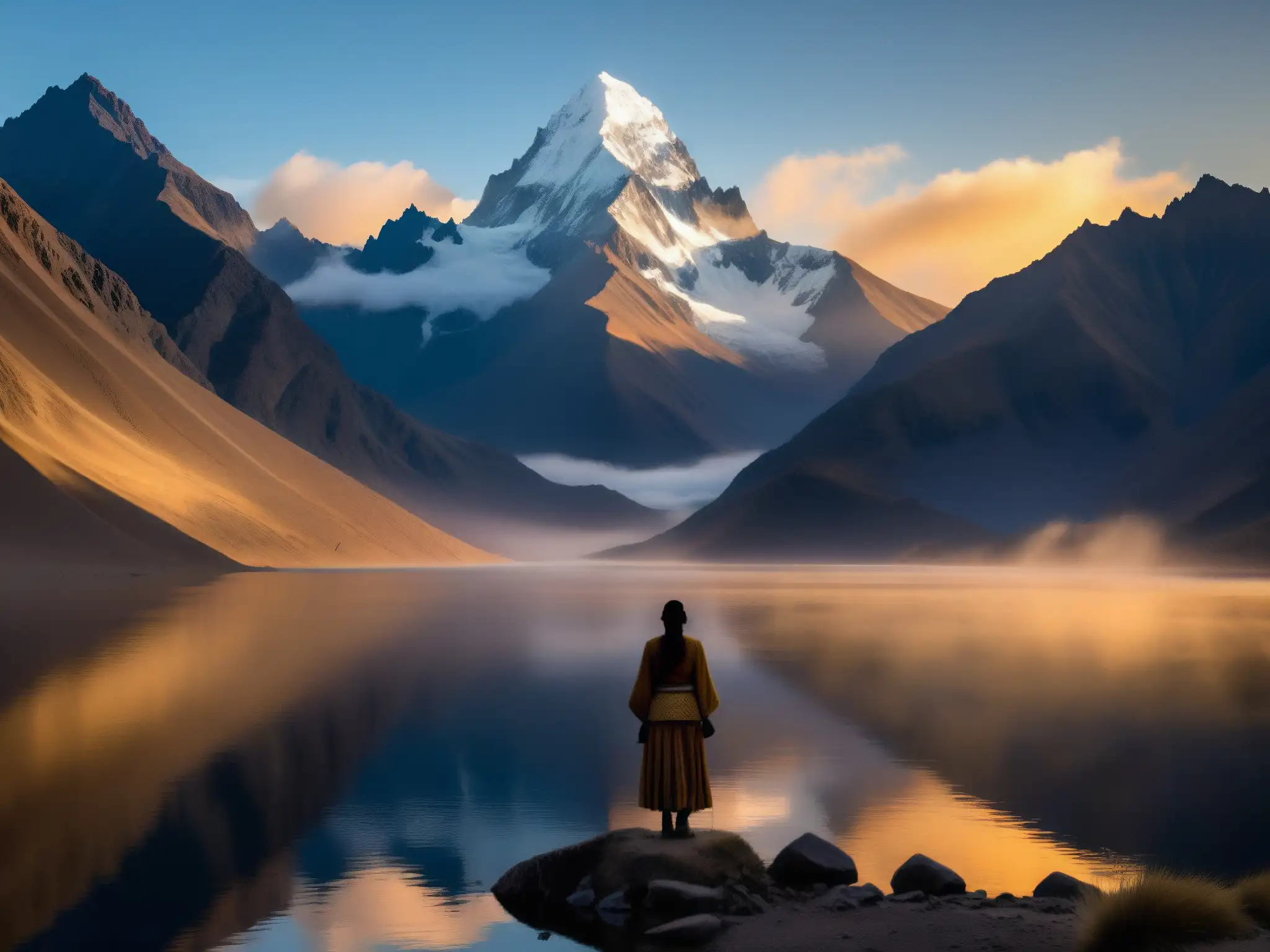 Misterio de la Llorona Andina: silueta de mujer en la neblina de un lago andino al amanecer, rodeada de montañas