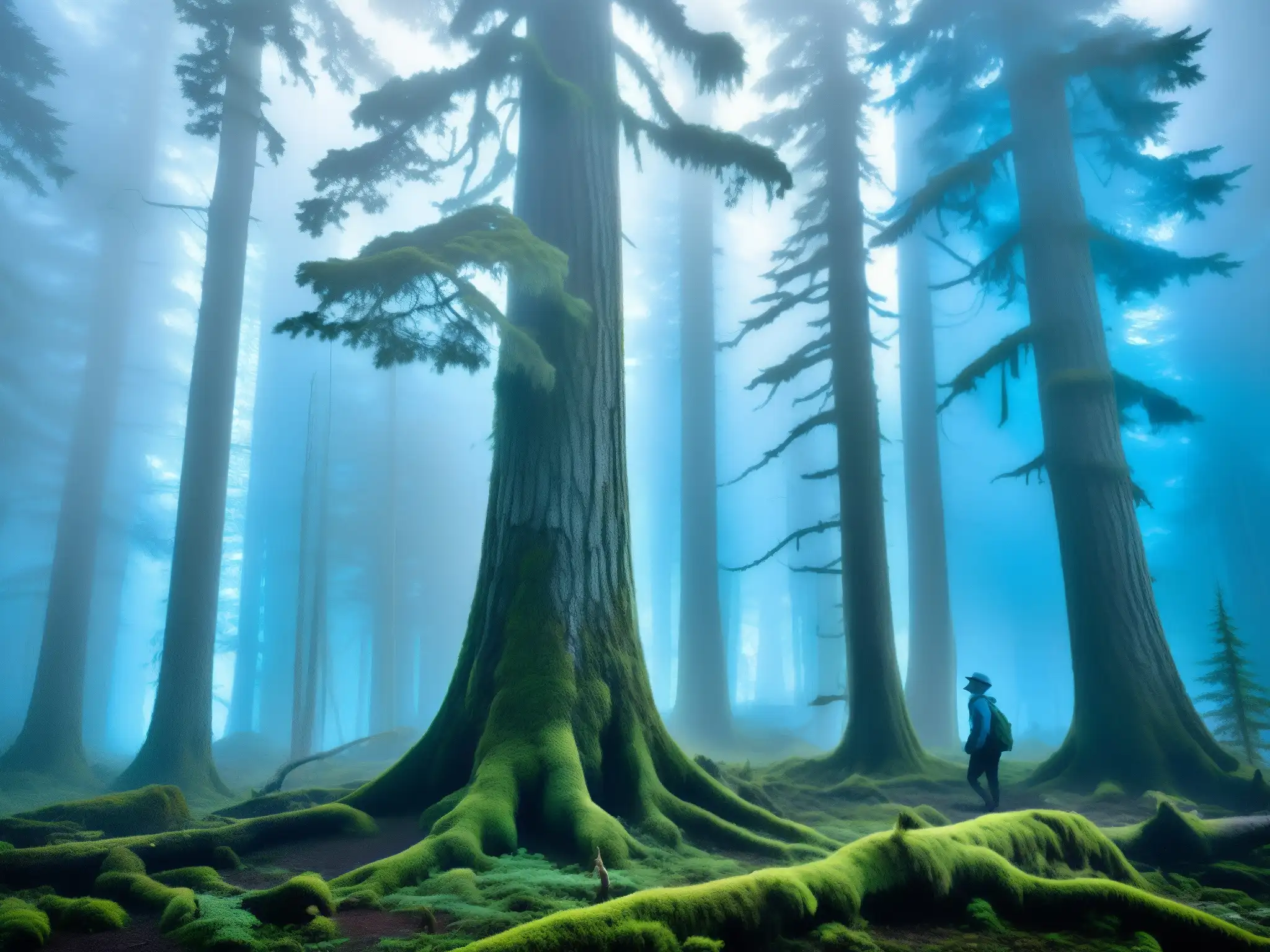 Misterio del Wendigo en Canadá: Bosque neblinoso, árboles antiguos, musgo y luz azul crean atmósfera inquietante