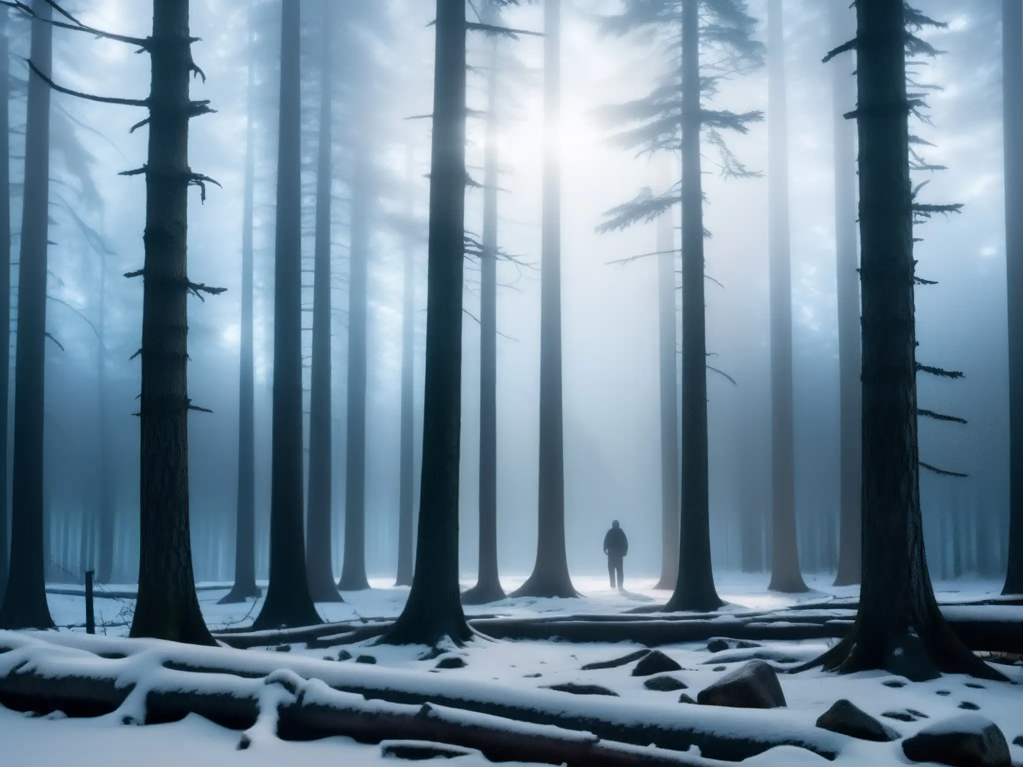 Misterio del Wendigo en Canadá: Bosque nevado iluminado por la luna, árboles altos proyectan sombras misteriosas con una sutil niebla en el suelo