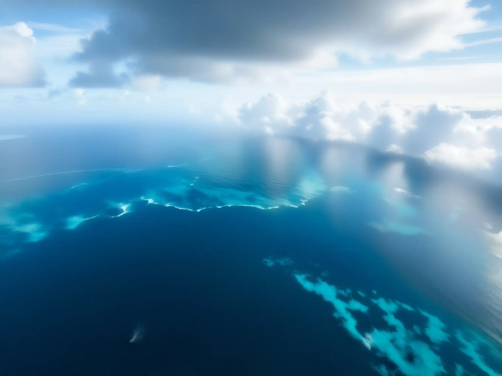 Misterio y peligro en el Triángulo de las Bermudas: océano azul y nubes ominosas con forma de remolino, barco y avión distantes