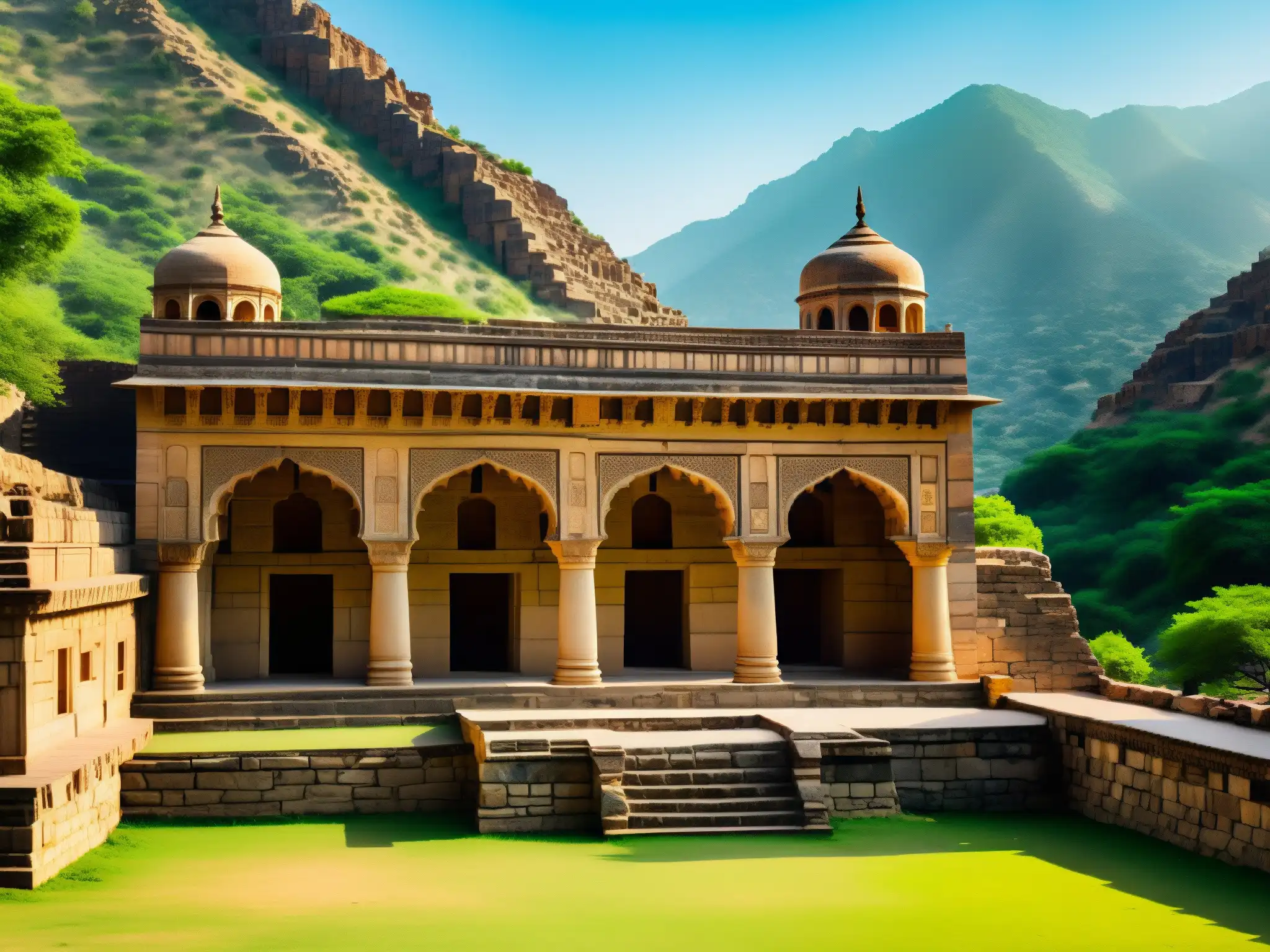 Misterio y realidad se entrelazan en la imagen del palacio Bhangarh, con sus detallados muros de piedra y misteriosas sombras