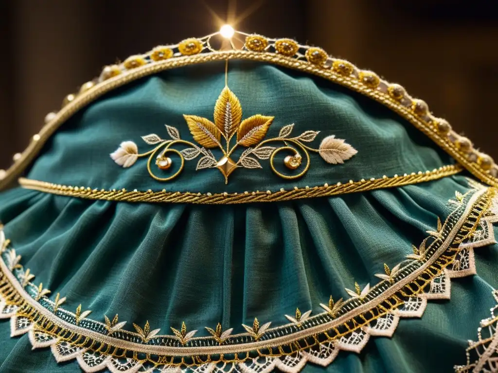 El misterio del Velo de Verónica: reliquia centenaria con intrincados detalles de encaje y bordado, iluminada en un museo tenue