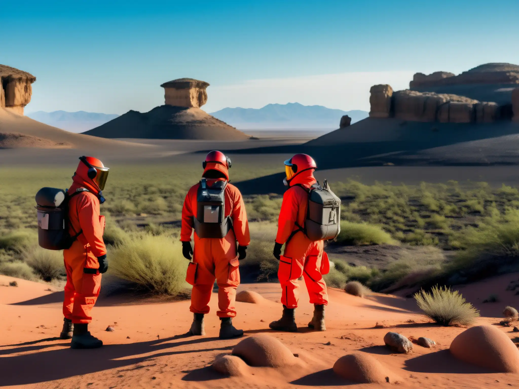Misterio en la Zona del Silencio en el desierto mexicano: científicos explorando un paisaje extraño y misterioso bajo un cielo rojo intenso