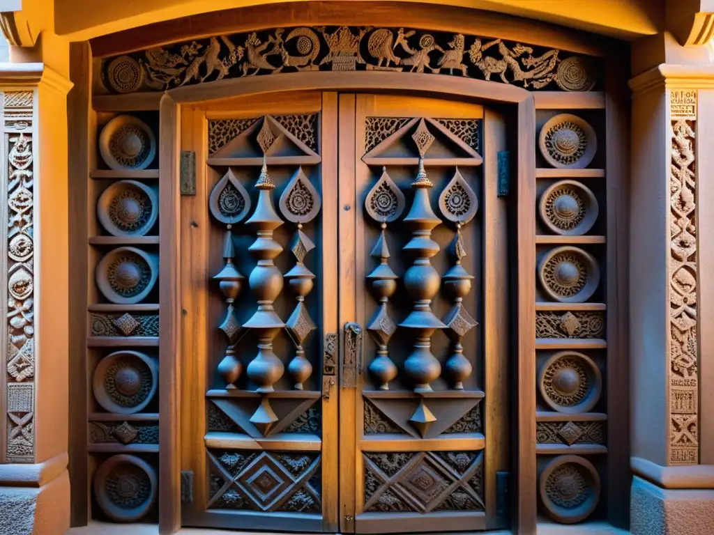 Misterios en la Casa de las Siete Chimeneas Madrid: Detalle de la talla en la antigua puerta de madera, desvelando su historia y enigma
