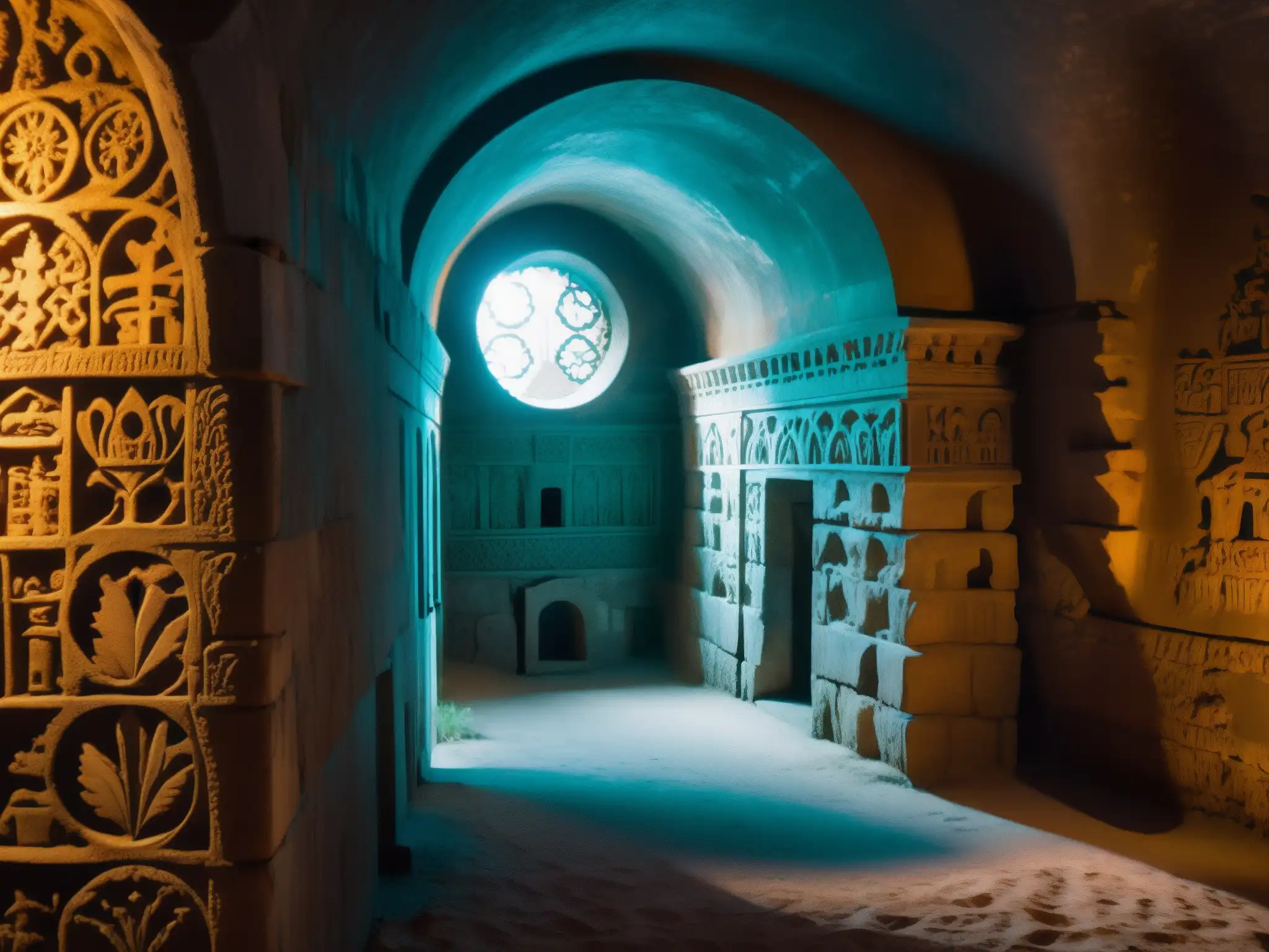 Misterios cripta familia real Danesa: Majestuosa cripta real danesa con antiguas tumbas y sombras misteriosas