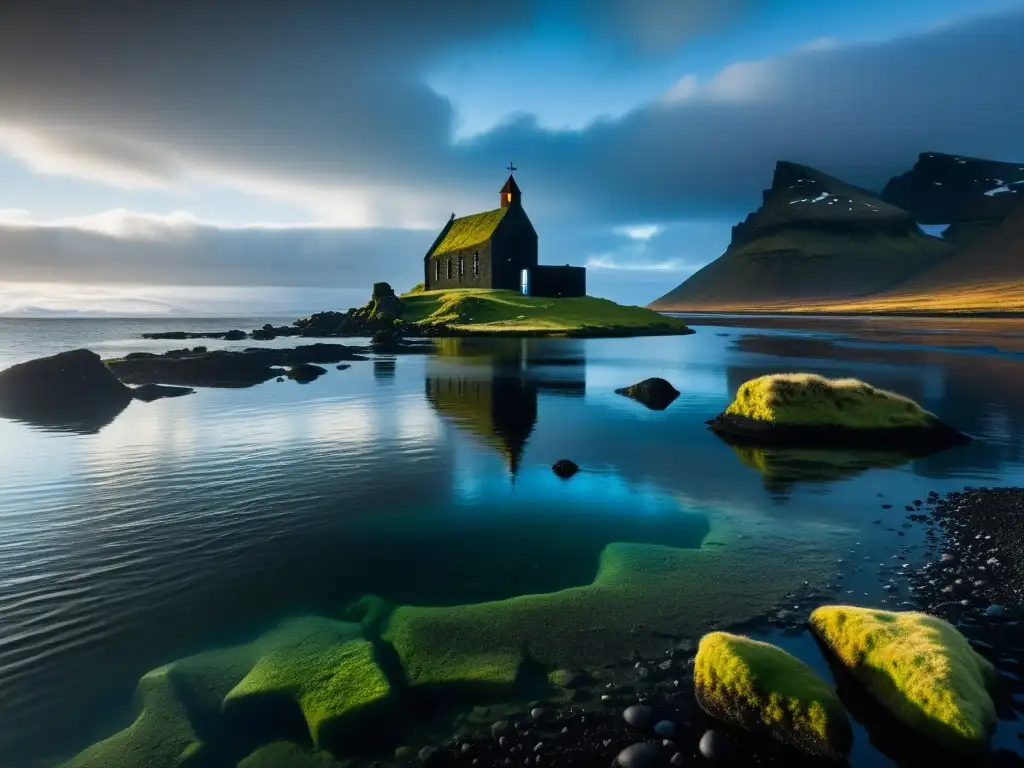Misterios de la Iglesia Hundida Islandia: Imagen detallada de la iglesia sumergida frente a la costa islandesa, con su silueta fantasmal bajo las aguas heladas y el juego de luces y sombras en las antiguas piedras cubiertas de musgo