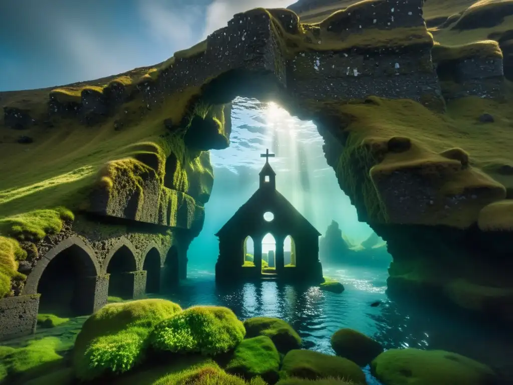 Explora los misterios de la iglesia hundida en Islandia, una escena marina de belleza etérea con luz filtrada y peces nadando entre sus arcos