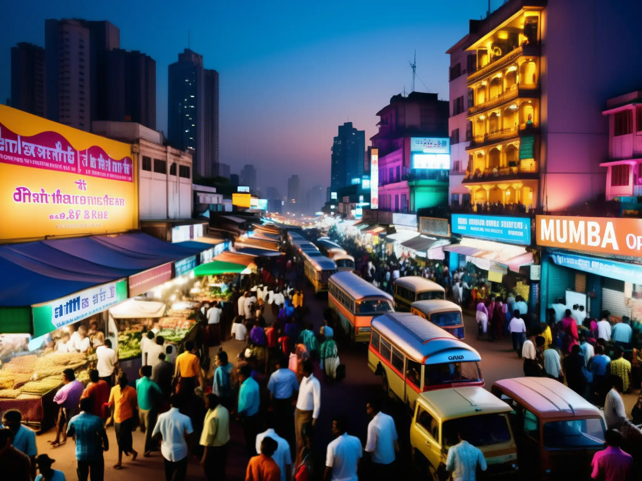 Misterios y leyendas urbanas de la India: vibrante vida nocturna en las bulliciosas calles de Mumbai, iluminadas por neones
