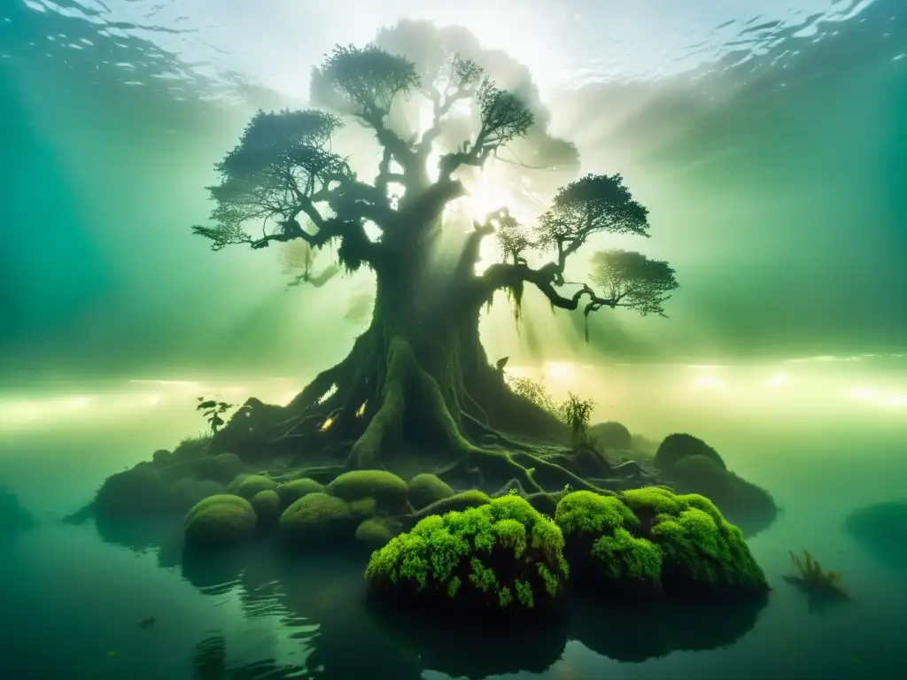 Misterios subacuáticos en Lagos, Nigeria: árbol antiguo sumergido, luz filtrada y misteriosas criaturas en la neblina acuática
