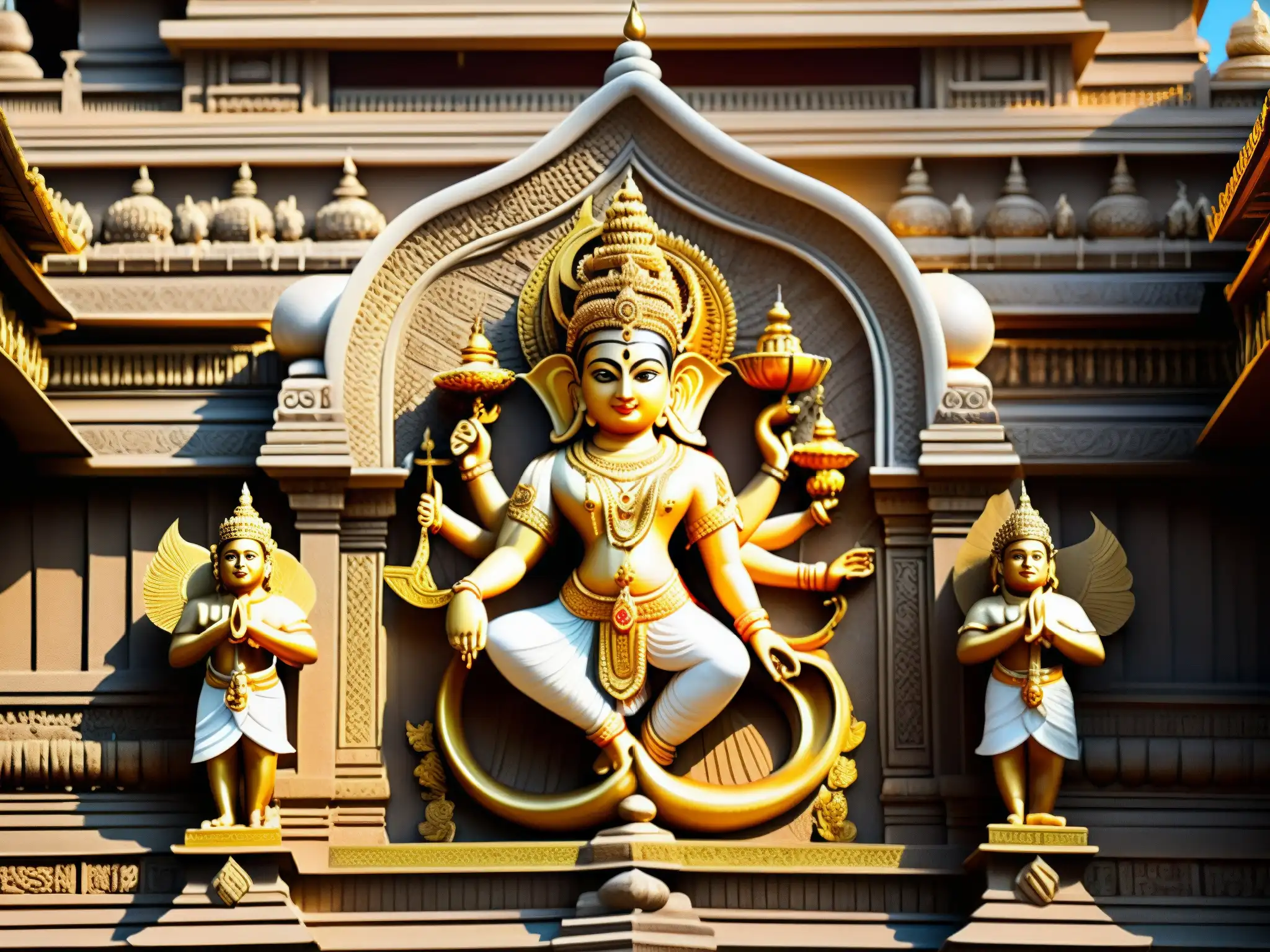Misterios del Templo Padmanabhaswamy: Intrincadas esculturas y grabados en piedra bañados por la cálida luz dorada del sol