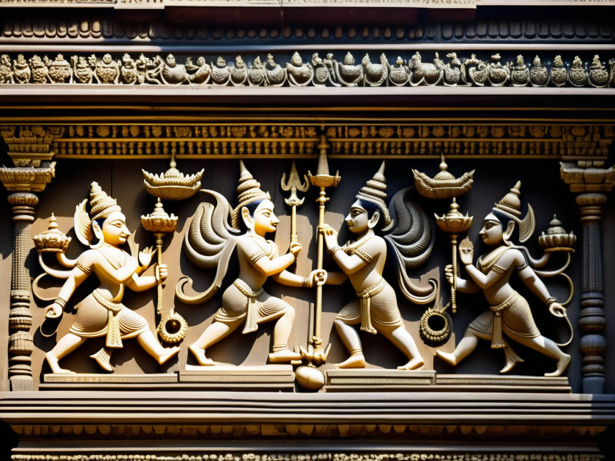 Misterios Templo Padmanabhaswamy: Intrincados grabados en piedra deidades y símbolos sagrados, resaltados por juego de luz y sombra