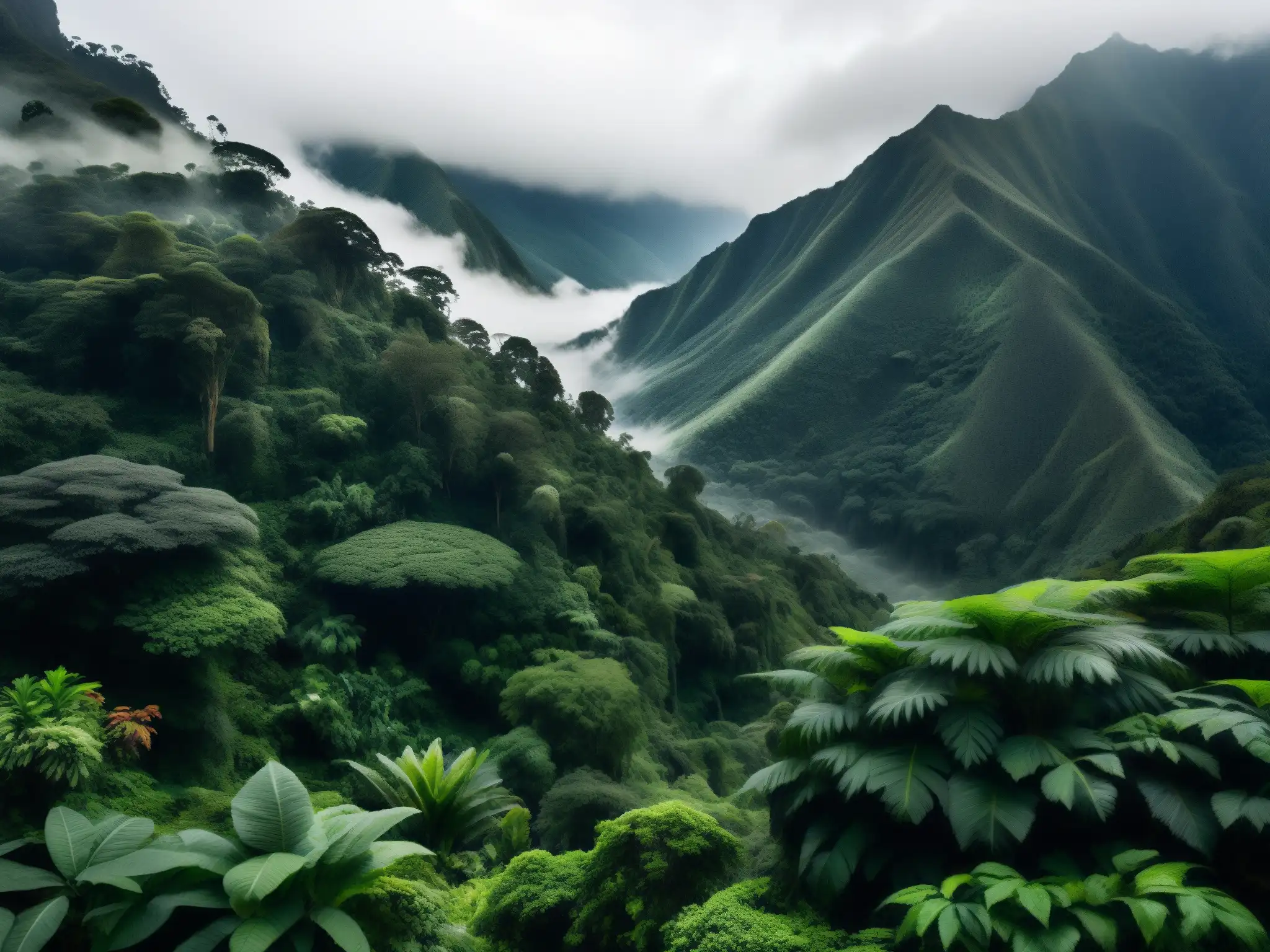 Misterios del Ucumar en Los Andes: imagen de un denso bosque andino con montañas brumosas al fondo y una atmósfera misteriosa y evocadora