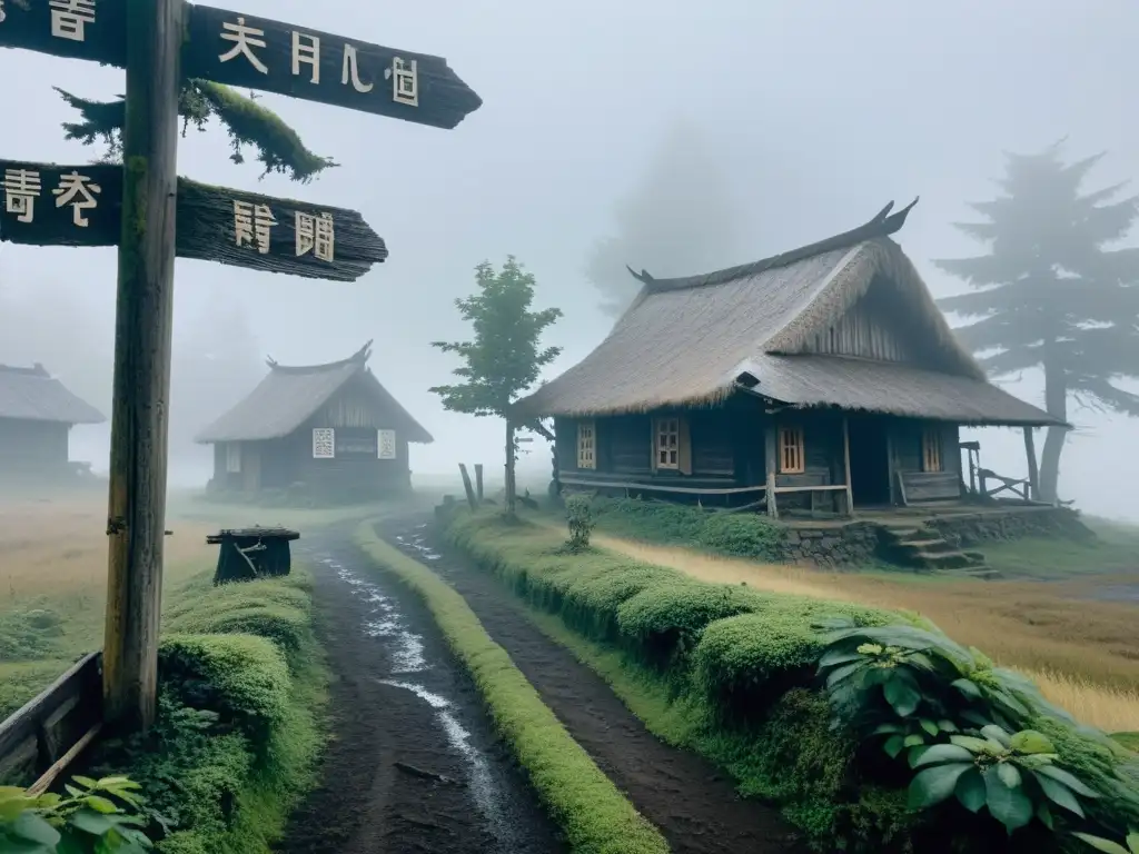 En la misteriosa aldea maldita de Inunaki, la niebla densa envuelve casas abandonadas y senderos cubiertos de misterio