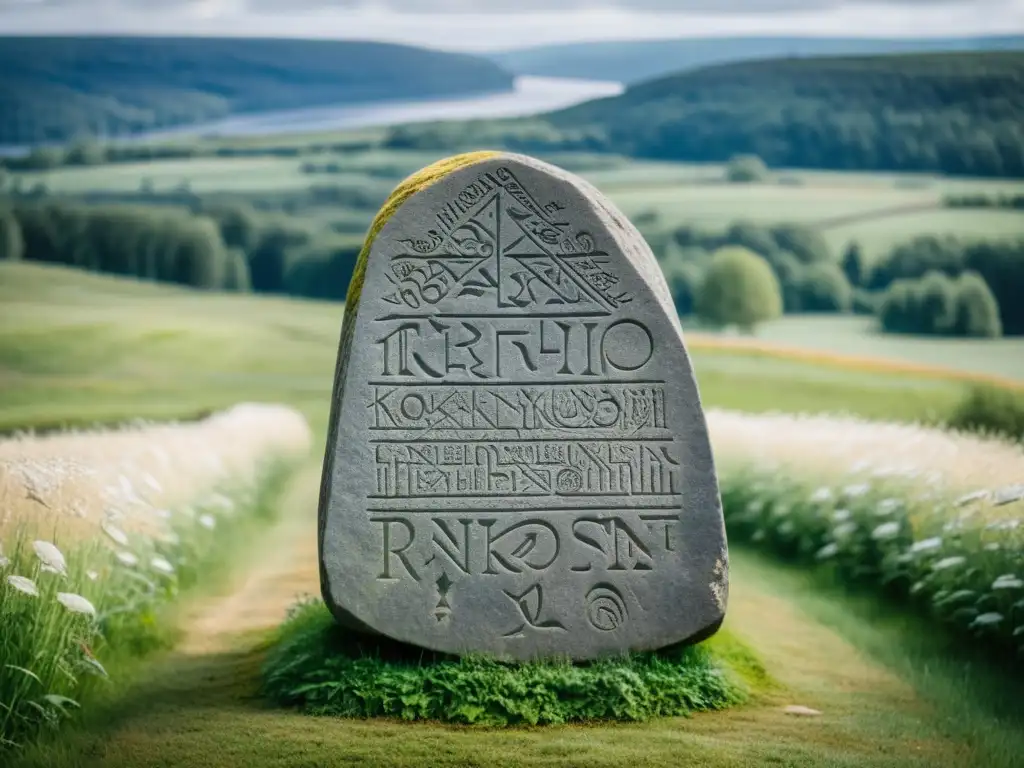 Una misteriosa y antigua piedra rúnica en la campiña sueca, exudando enigma y maldición