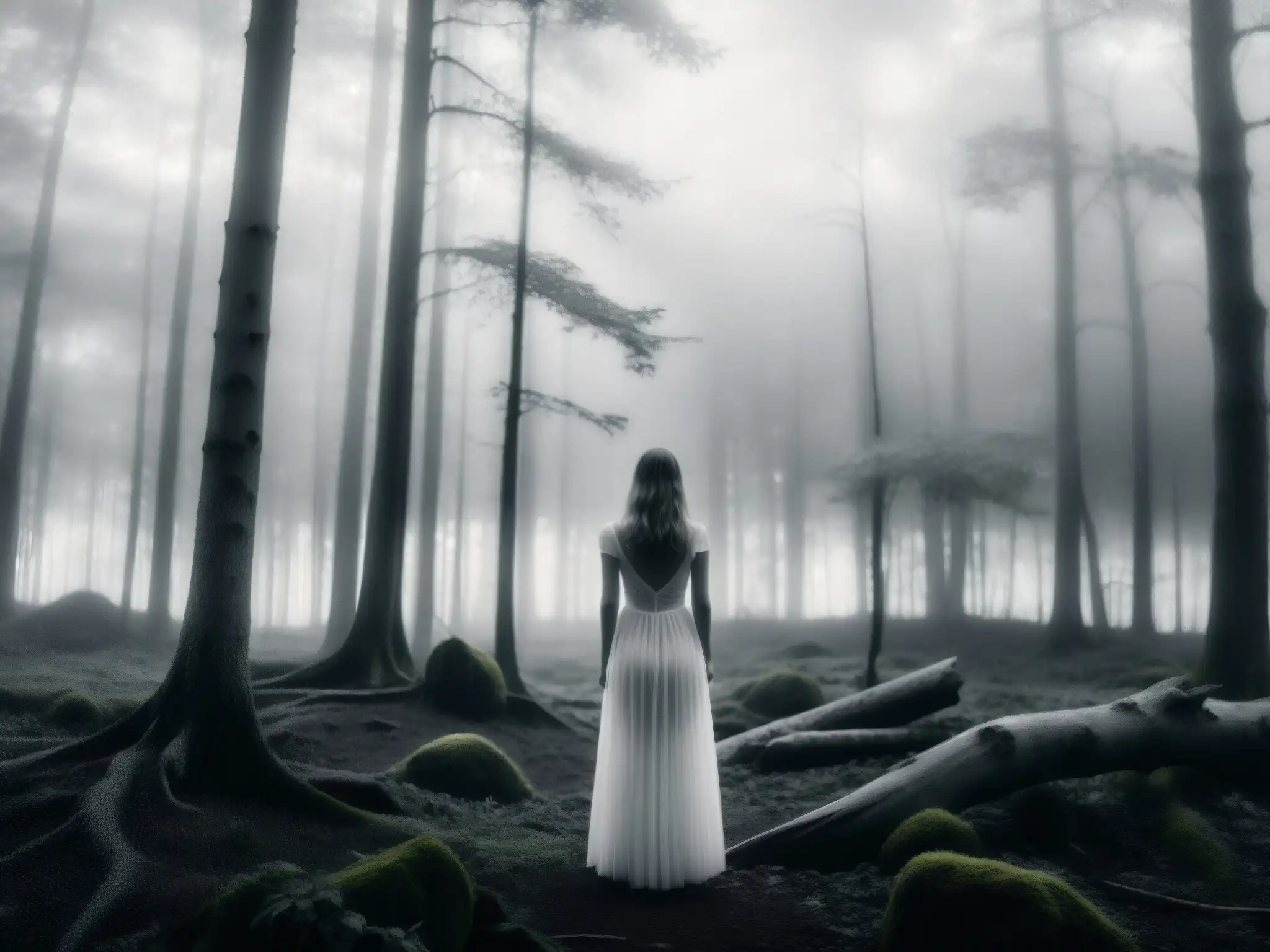 Una misteriosa aparición de mujer en un bosque blanco y neblinoso, evocando mitos y leyendas