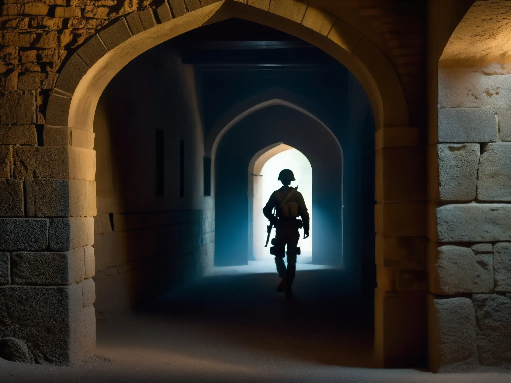 Explora la misteriosa atmósfera del Fuerte de Meerut con la silueta del soldado del pasado, evocando 'El Espíritu del Soldado Fuerte Meerut'