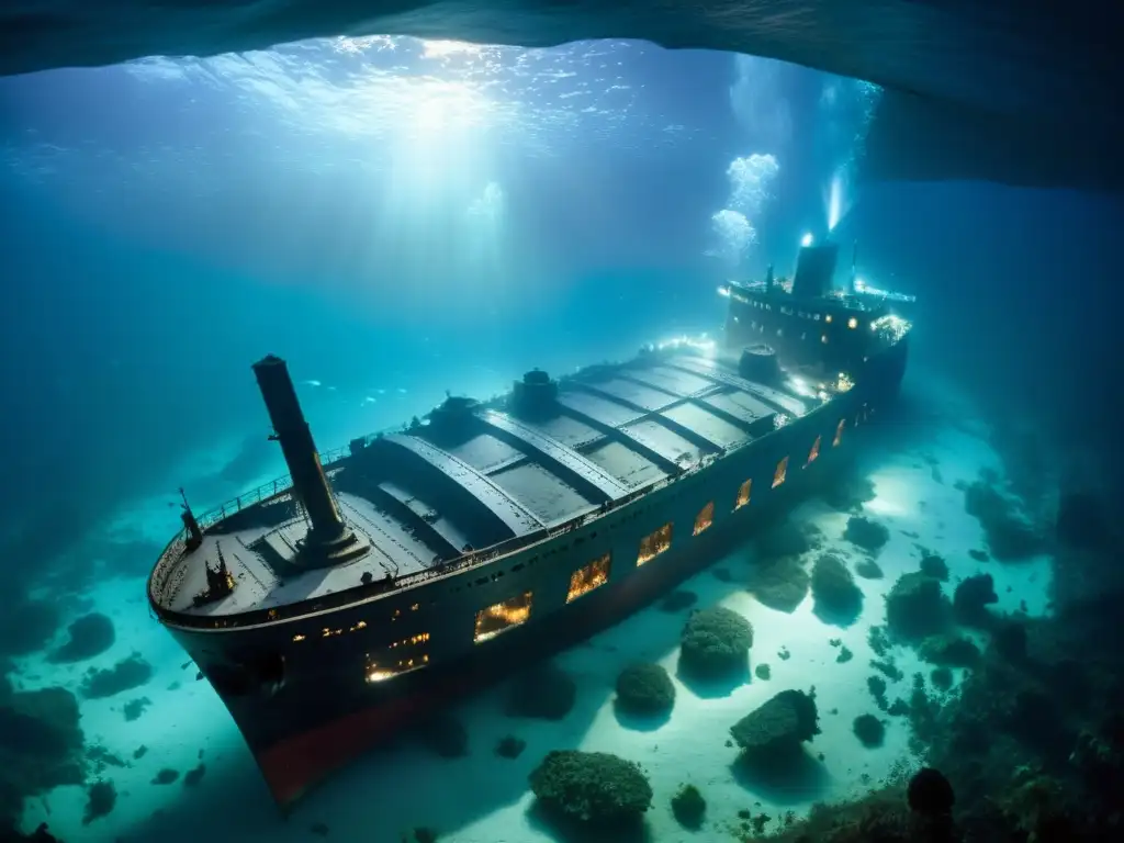 La misteriosa belleza del Titanic en el fondo del mar, rodeado por la oscuridad y el brillo tenue de criaturas bioluminiscentes