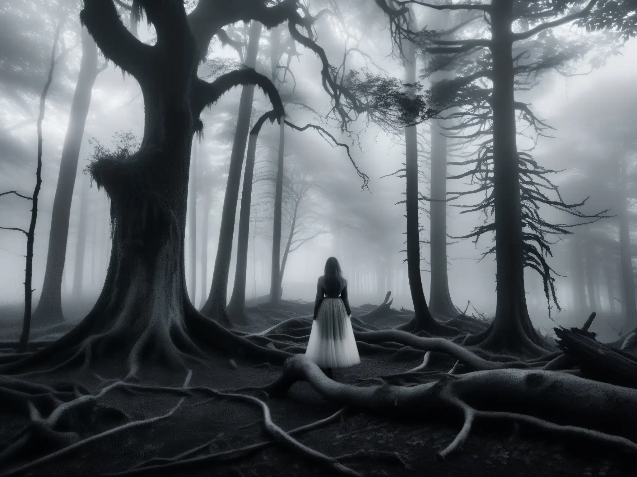Una misteriosa figura en un bosque brumoso al anochecer, evocando la leyenda de La Sayona en la mitología venezolana