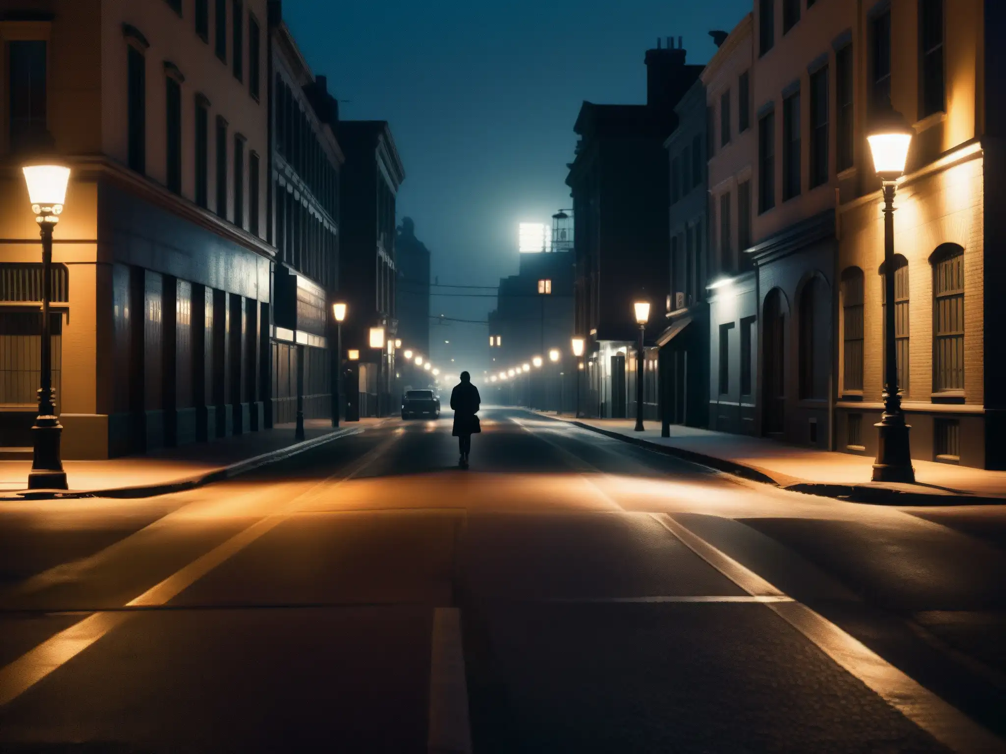 Una misteriosa calle de la ciudad de noche, con sombras inquietantes proyectadas por luces parpadeantes