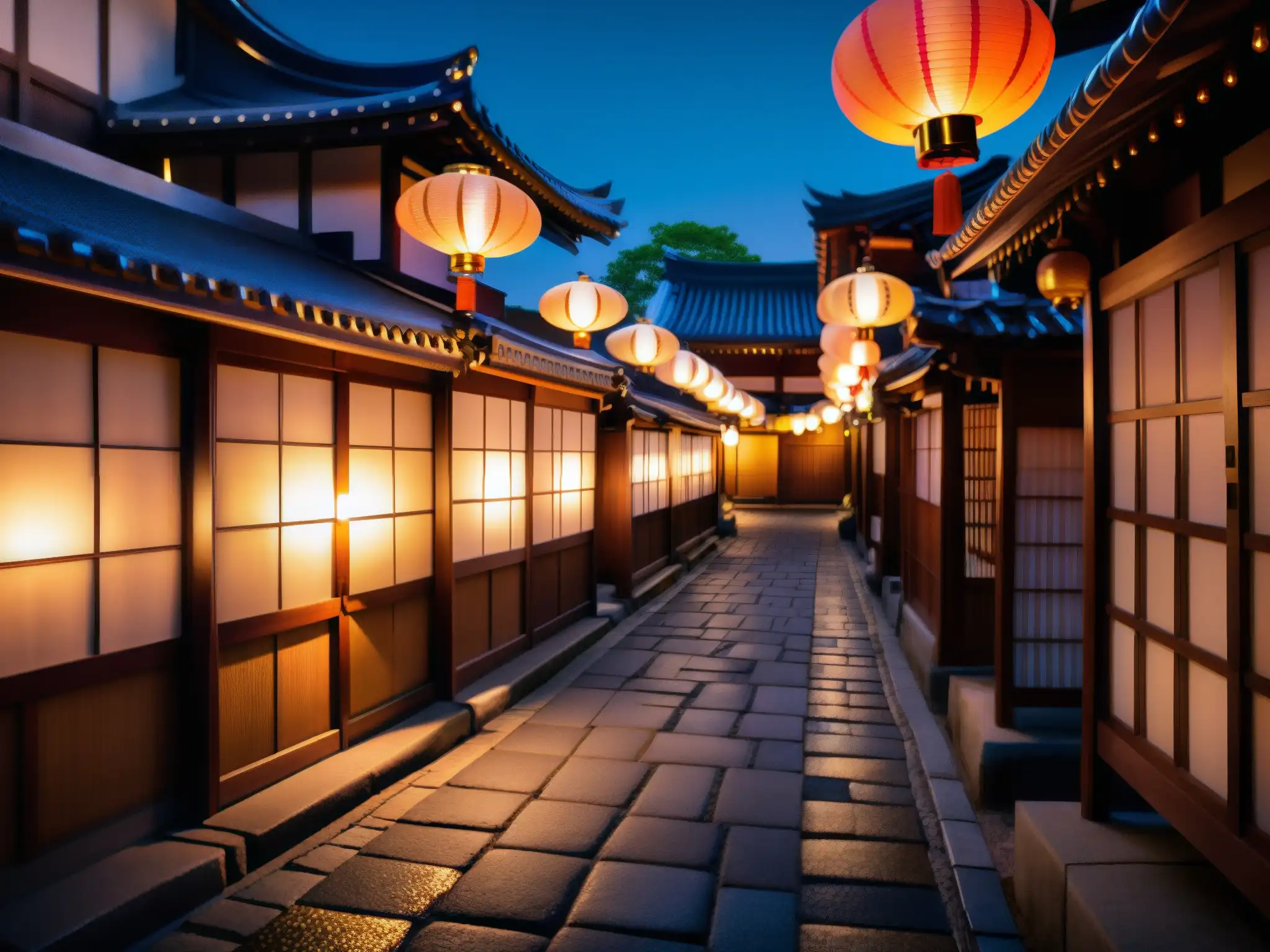 Una misteriosa calle japonesa iluminada por linternas tradicionales, evocando leyendas urbanas japonesas foros online