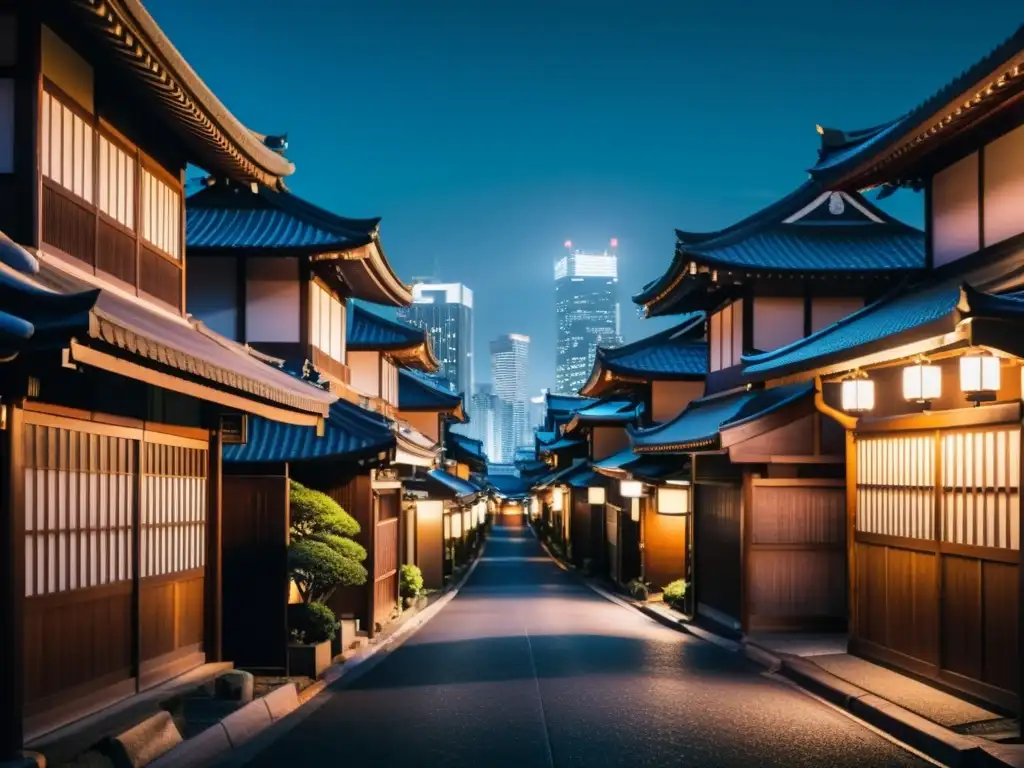 Una misteriosa calle japonesa iluminada por farolas en Tokio de noche, con la silueta de La Mujer de la Ventana Japón