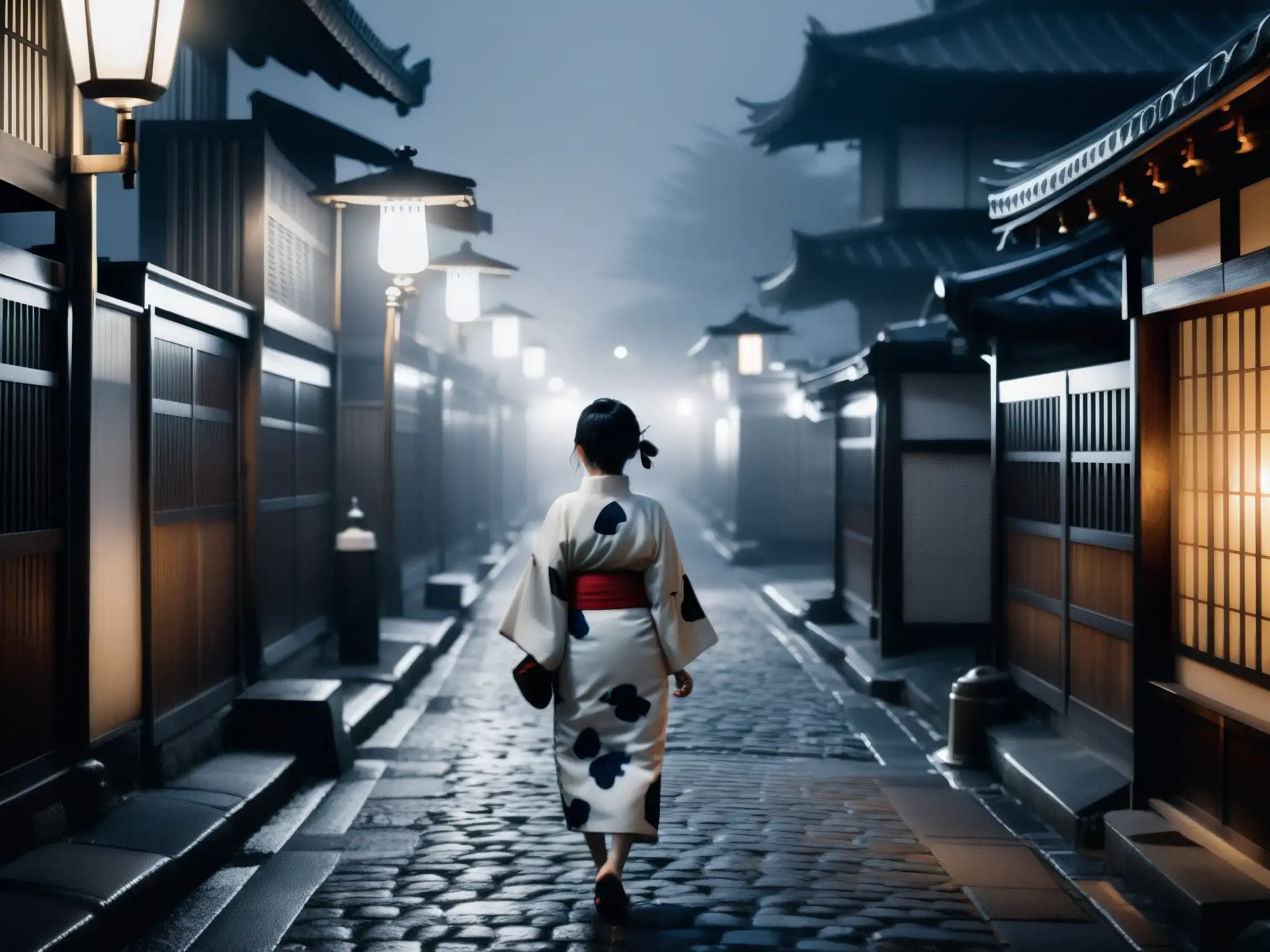 En una misteriosa calle japonesa de noche, una mujer en kimono camina de espaldas, evocando el origen del mito japonés KuchisakeOnna