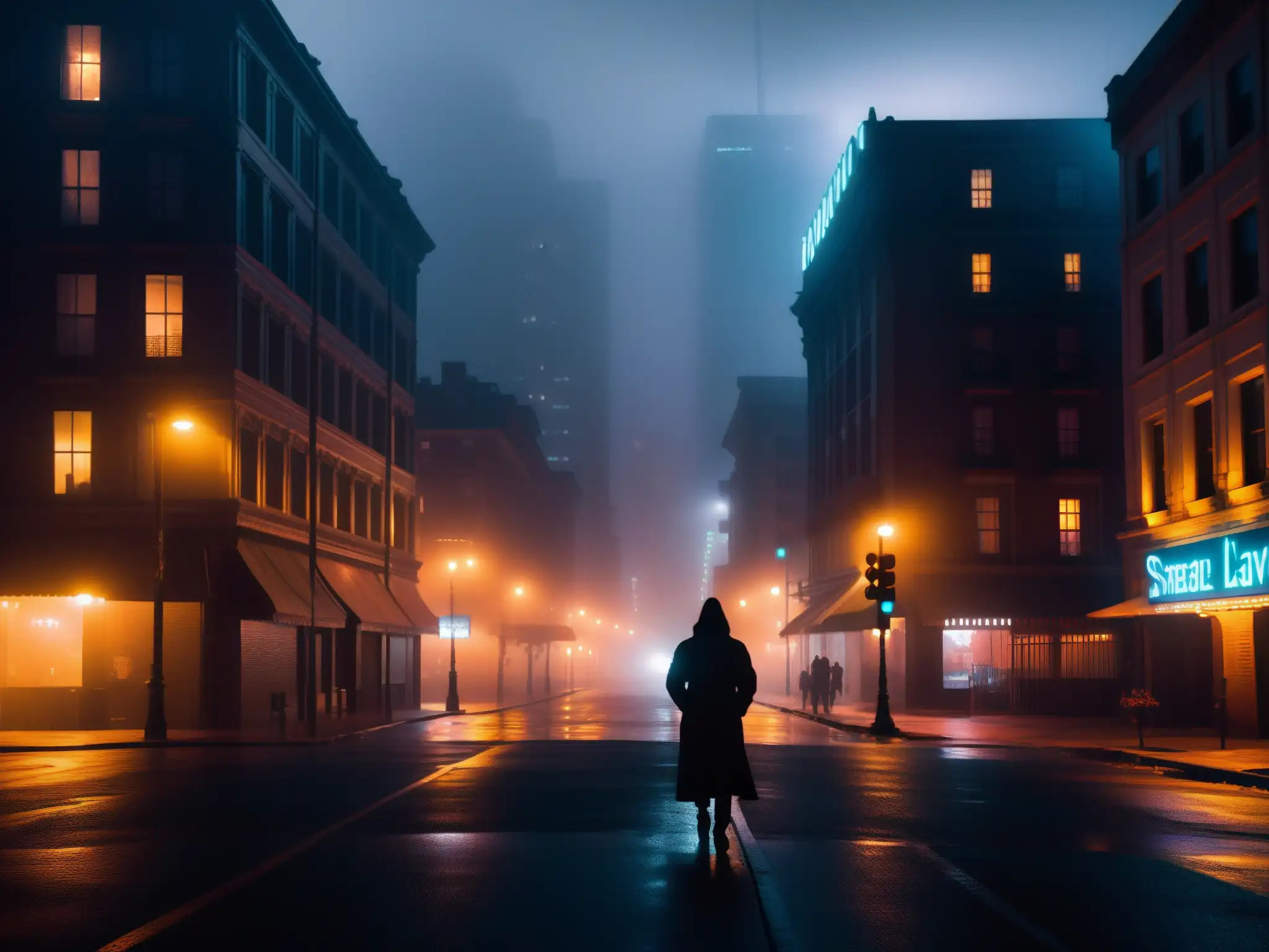 En la misteriosa calle nocturna, un atractivo de lo inexplicable en leyendas urbanas se siente entre la densa niebla y las luces de neón