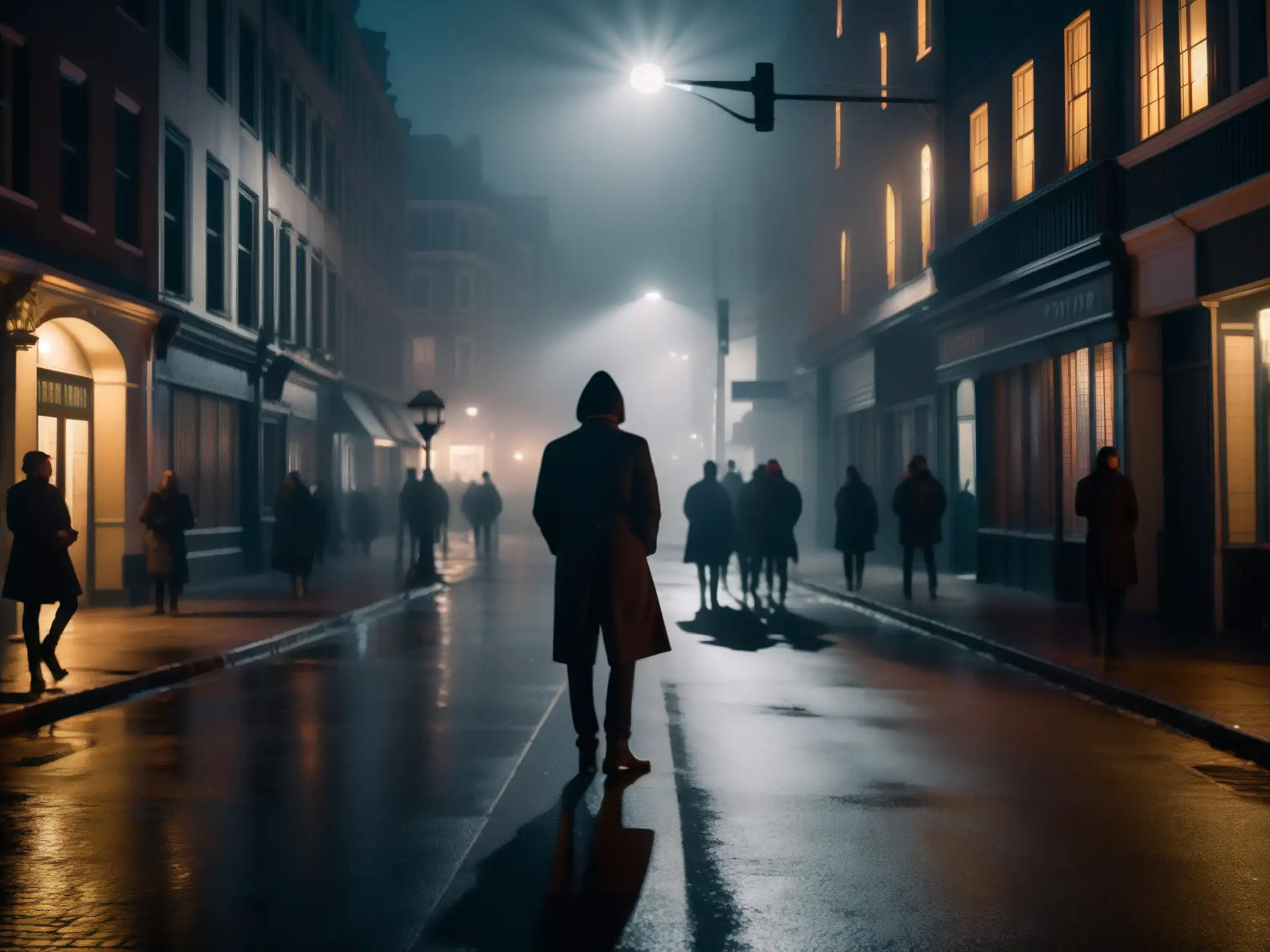 Una misteriosa calle nocturna de la ciudad con sombras alargadas, neblina y personas nerviosas, evocando la función de las leyendas urbanas