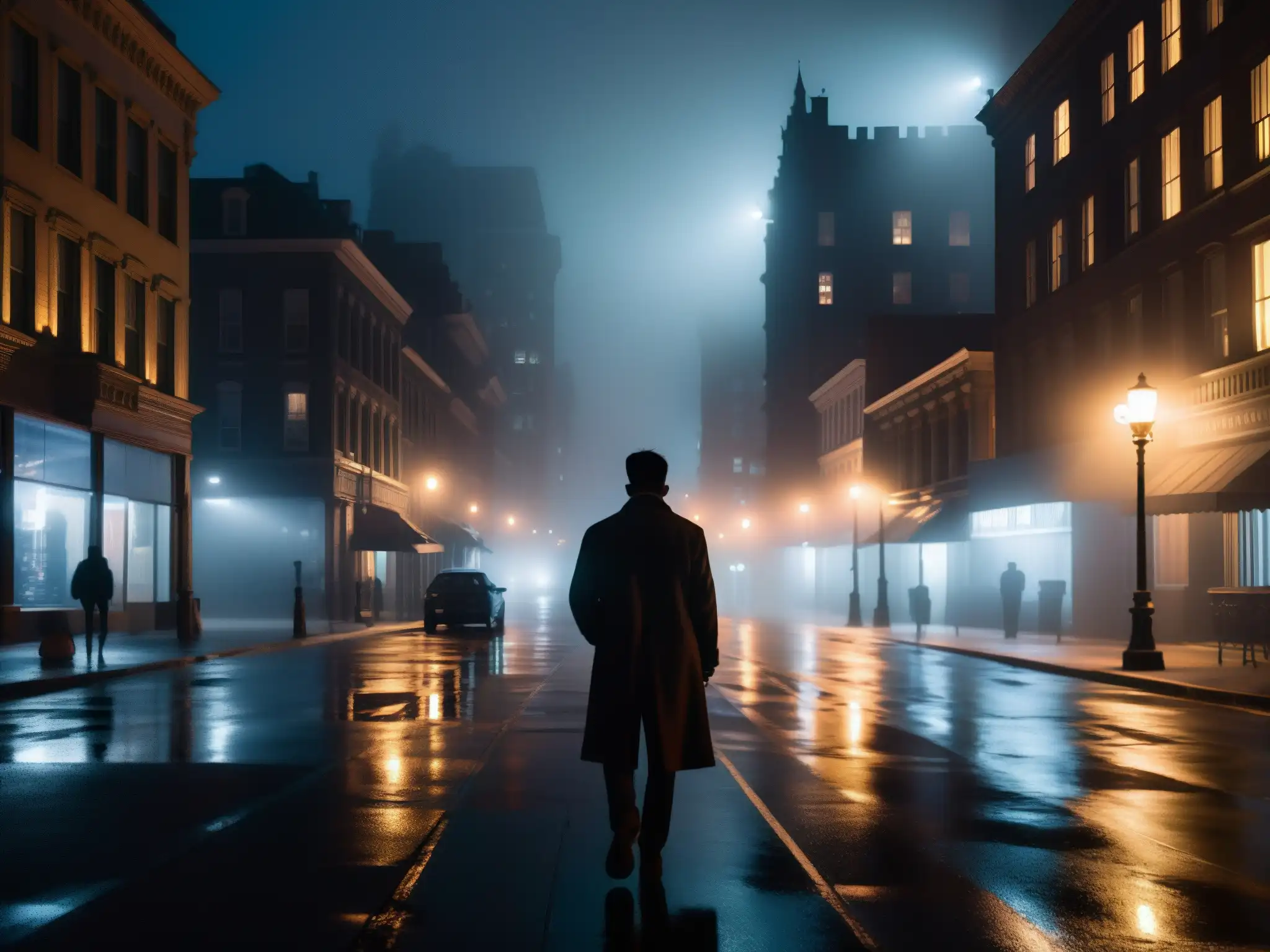Una misteriosa calle nocturna de la ciudad, con sombras y neblina