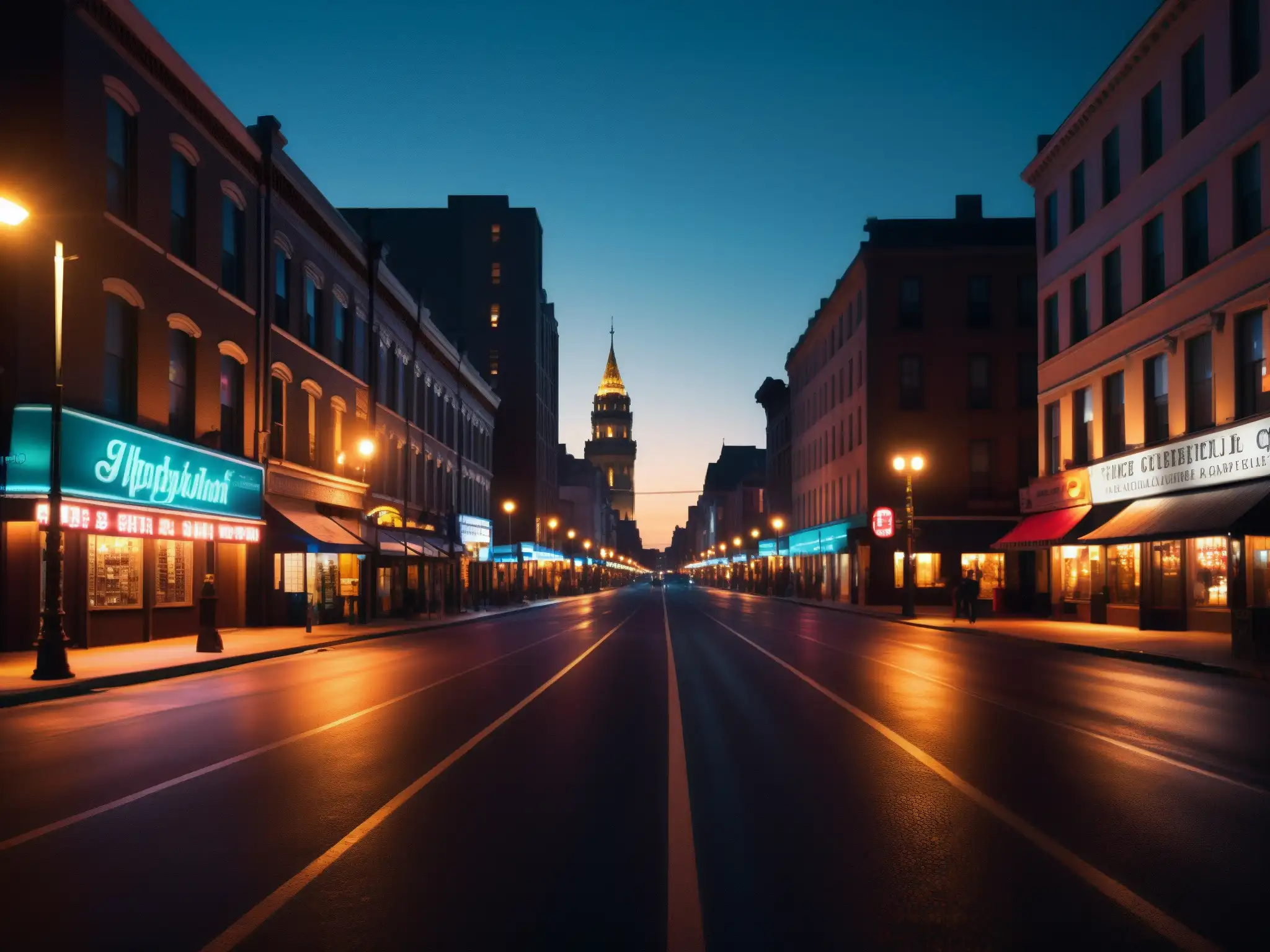 Una misteriosa calle nocturna con luces de neón y sombras, ideal para análisis psicológico leyendas urbanas