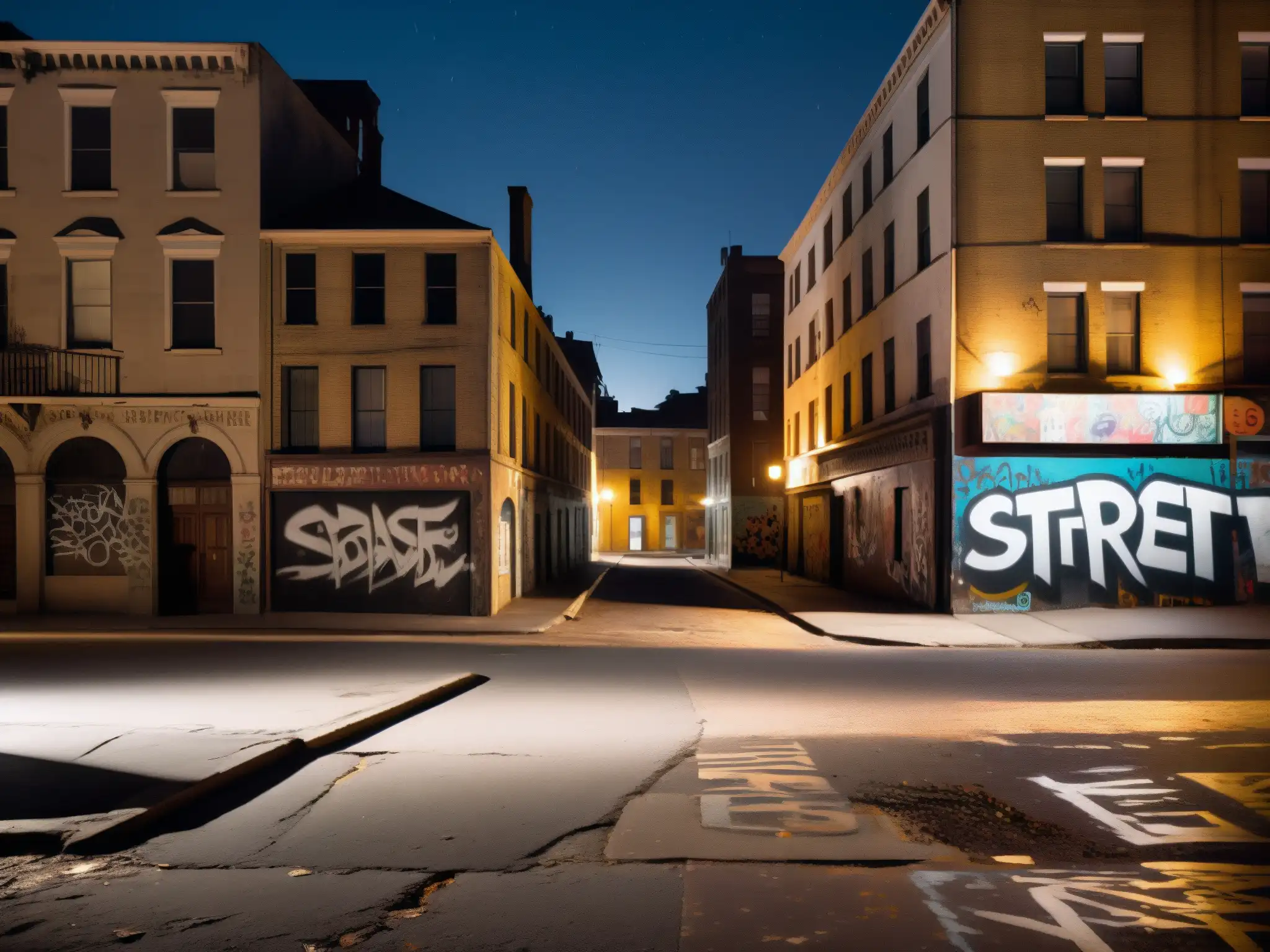 Una misteriosa calle nocturna, con sombras y atmósfera inquietante