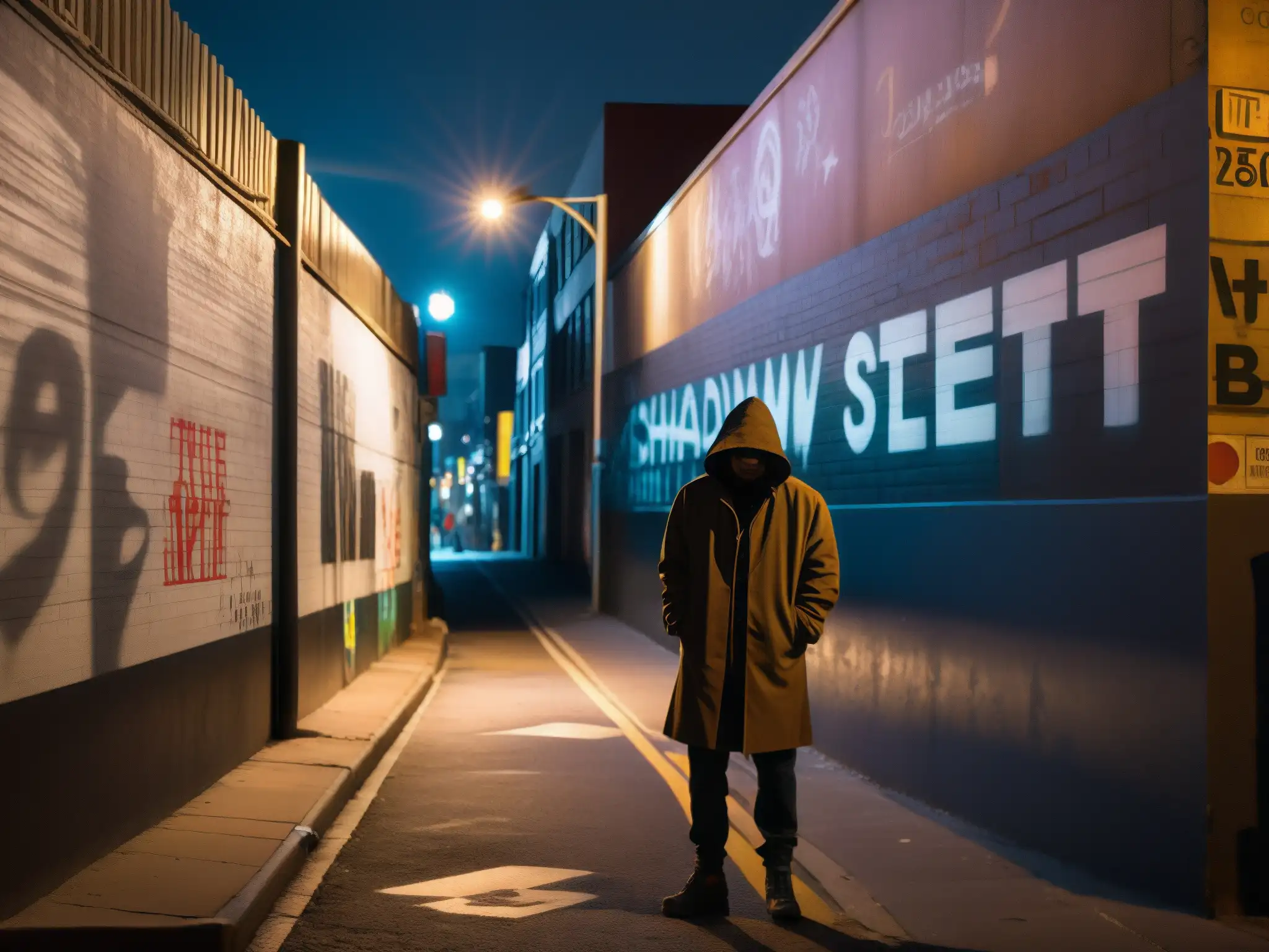 Una misteriosa calle urbana iluminada por farolas, donde una sombría figura se destaca junto a un muro graffiteado