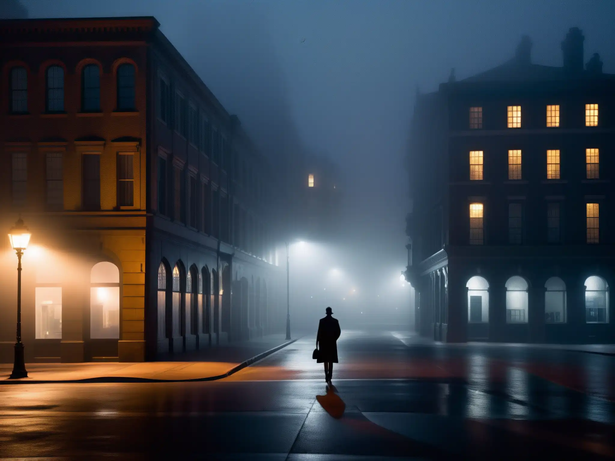 Una misteriosa calle urbana iluminada de noche con figuras en la distancia, evocando supersticiones en la era científica