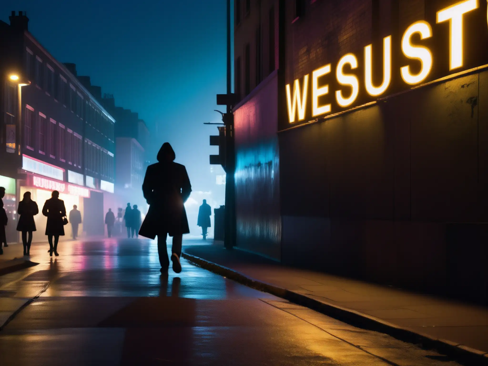 Una misteriosa calle urbana iluminada por luces de neón y farolas, con siluetas de personas y una figura en sombras