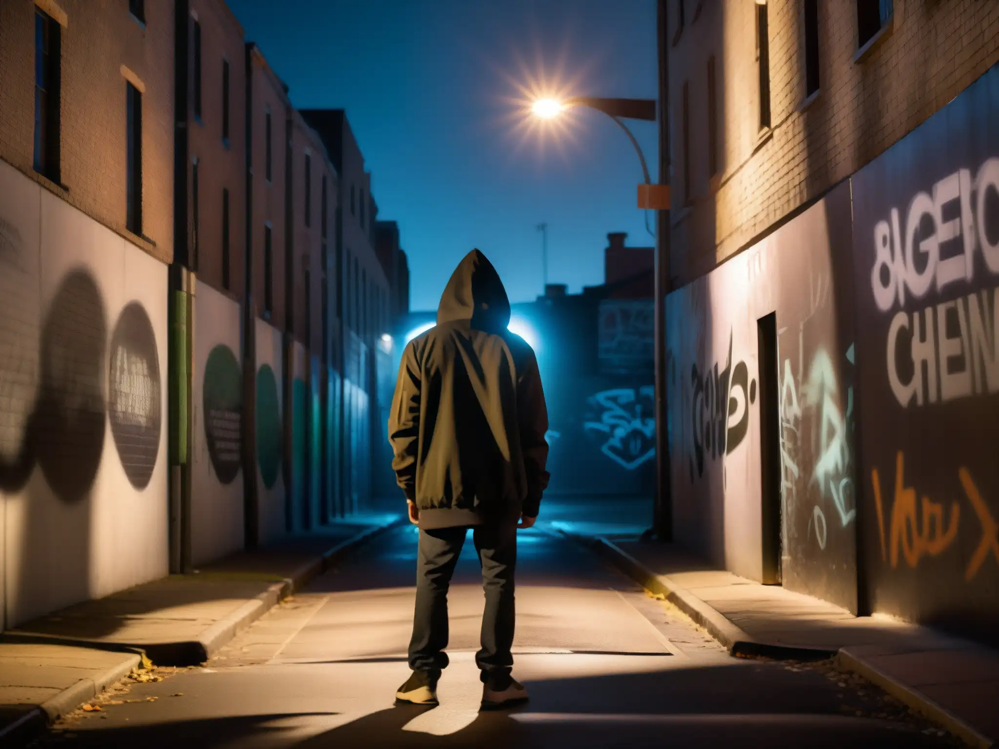 Una misteriosa calle urbana de noche, con una pared llena de grafitis y una luz de farola parpadeante