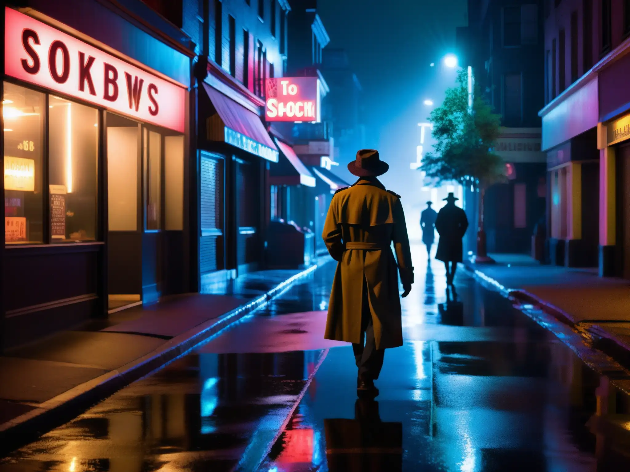 Una misteriosa calle urbana nocturna con figuras en la penumbra y un aire de intriga
