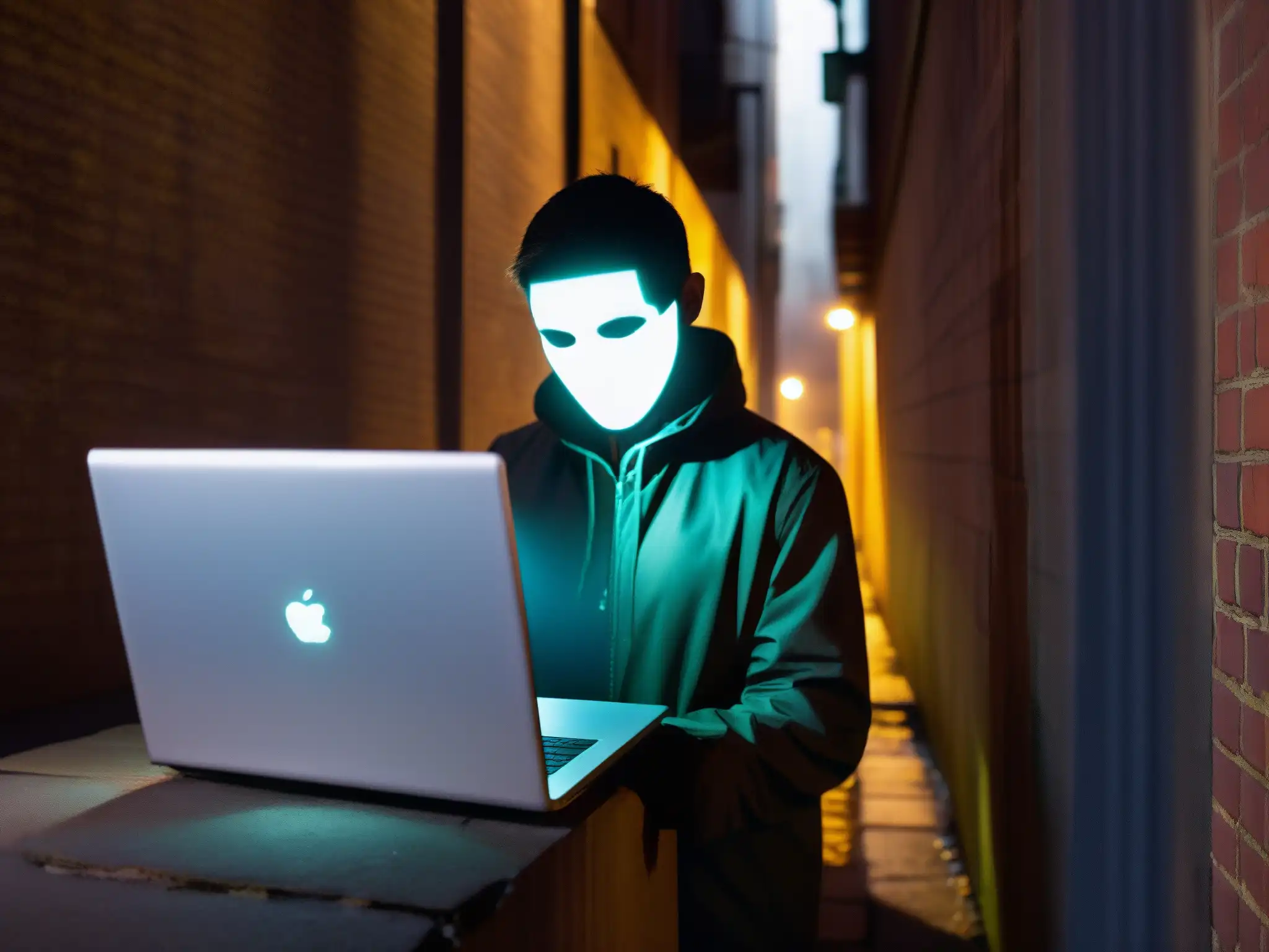 Misteriosa figura en callejón urbano, con pantalla de laptop reflejando su rostro y atmósfera de mitos y leyendas urbanas digitales