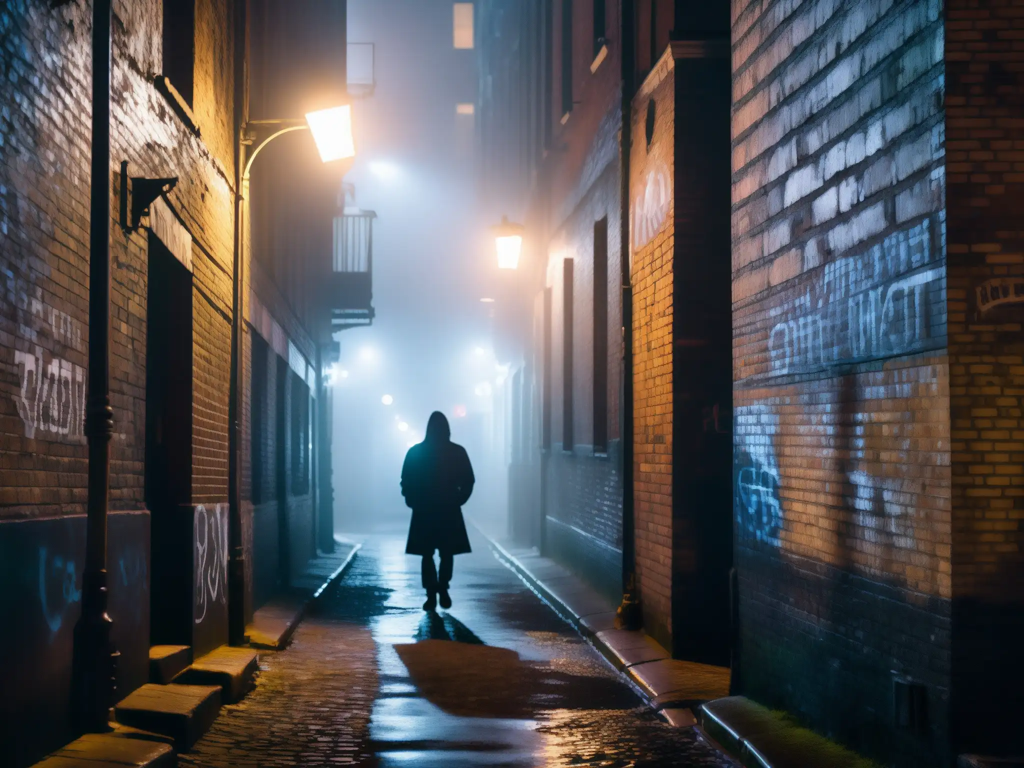 Una misteriosa callejuela urbana de noche, con niebla y siluetas, evocando el origen literario de leyendas urbanas