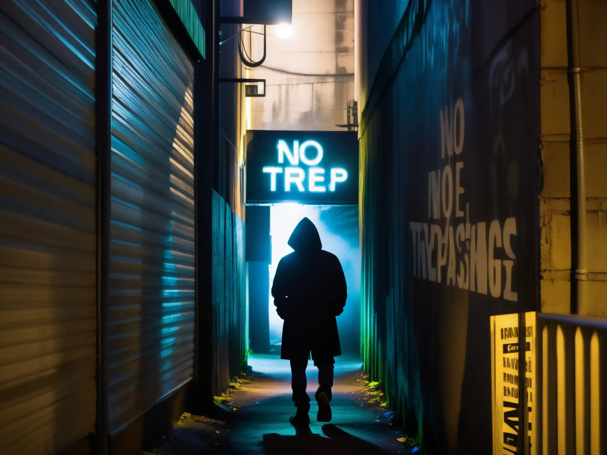 Una misteriosa figura con capucha bajo un letrero de 'No Trespassing' en un callejón urbano oscuro y graffiteado