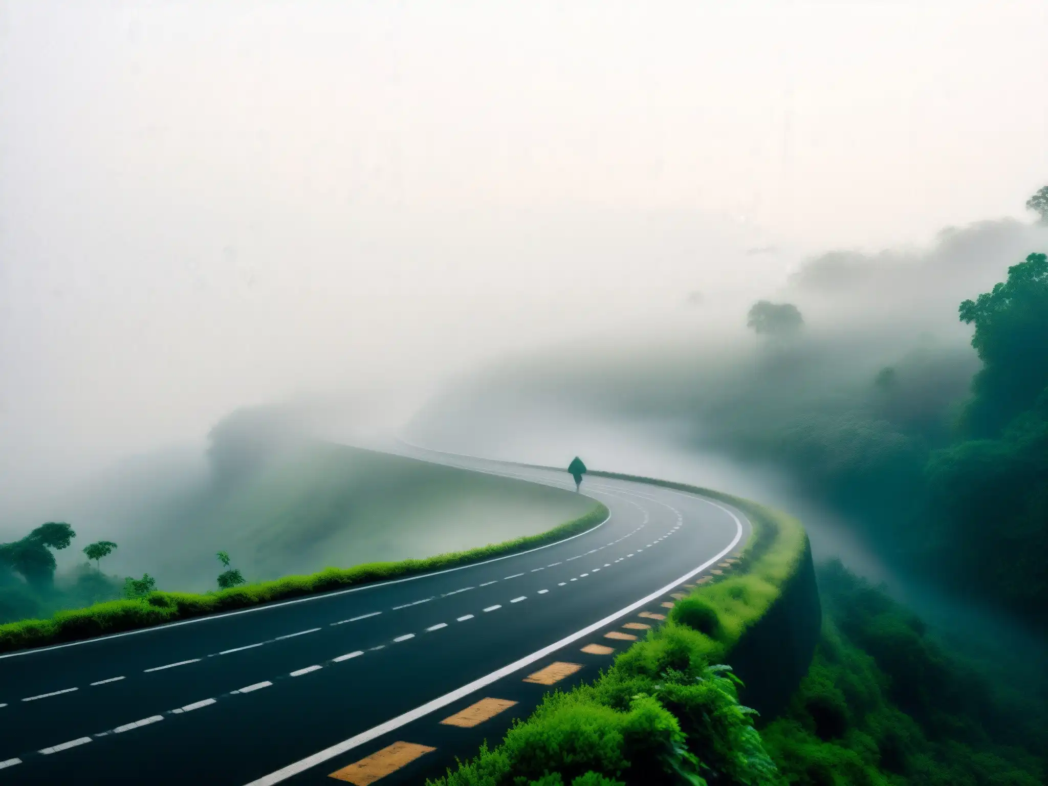La misteriosa carretera PuneMumbai envuelta en niebla, con la silueta de una figura y el espíritu de la Novia Carretera