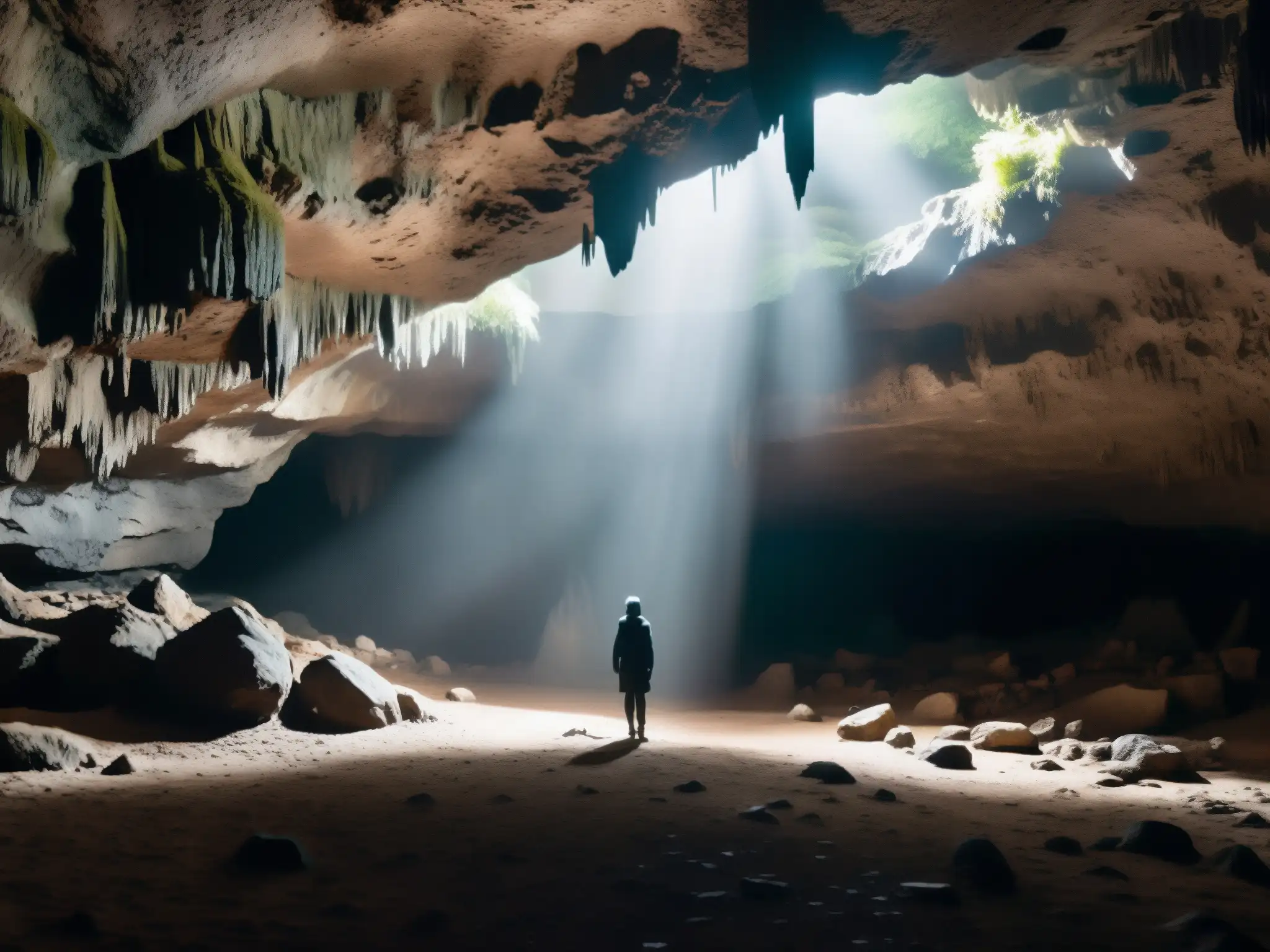 La misteriosa caverna subterránea, con sombras inquietantes, estalactitas y una figura enigmática, rodeada de un bosque denso