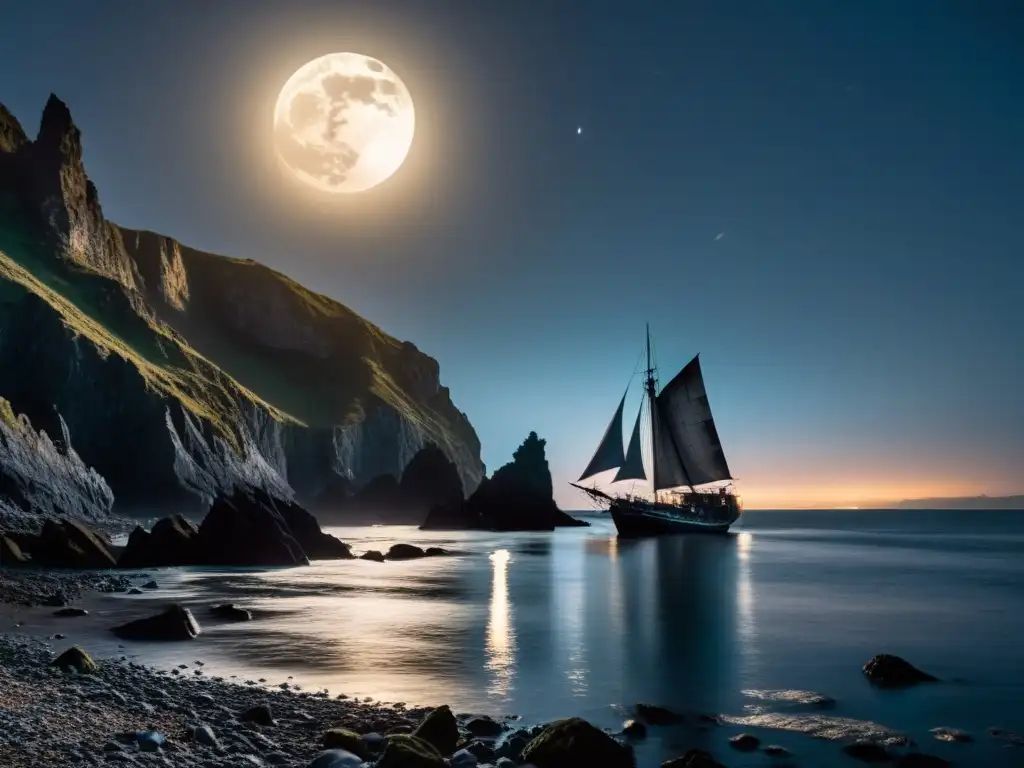 En la misteriosa costa sueca, el Barco Fantasma Oeland navega entre acantilados y rocas, iluminado por la luz de la luna