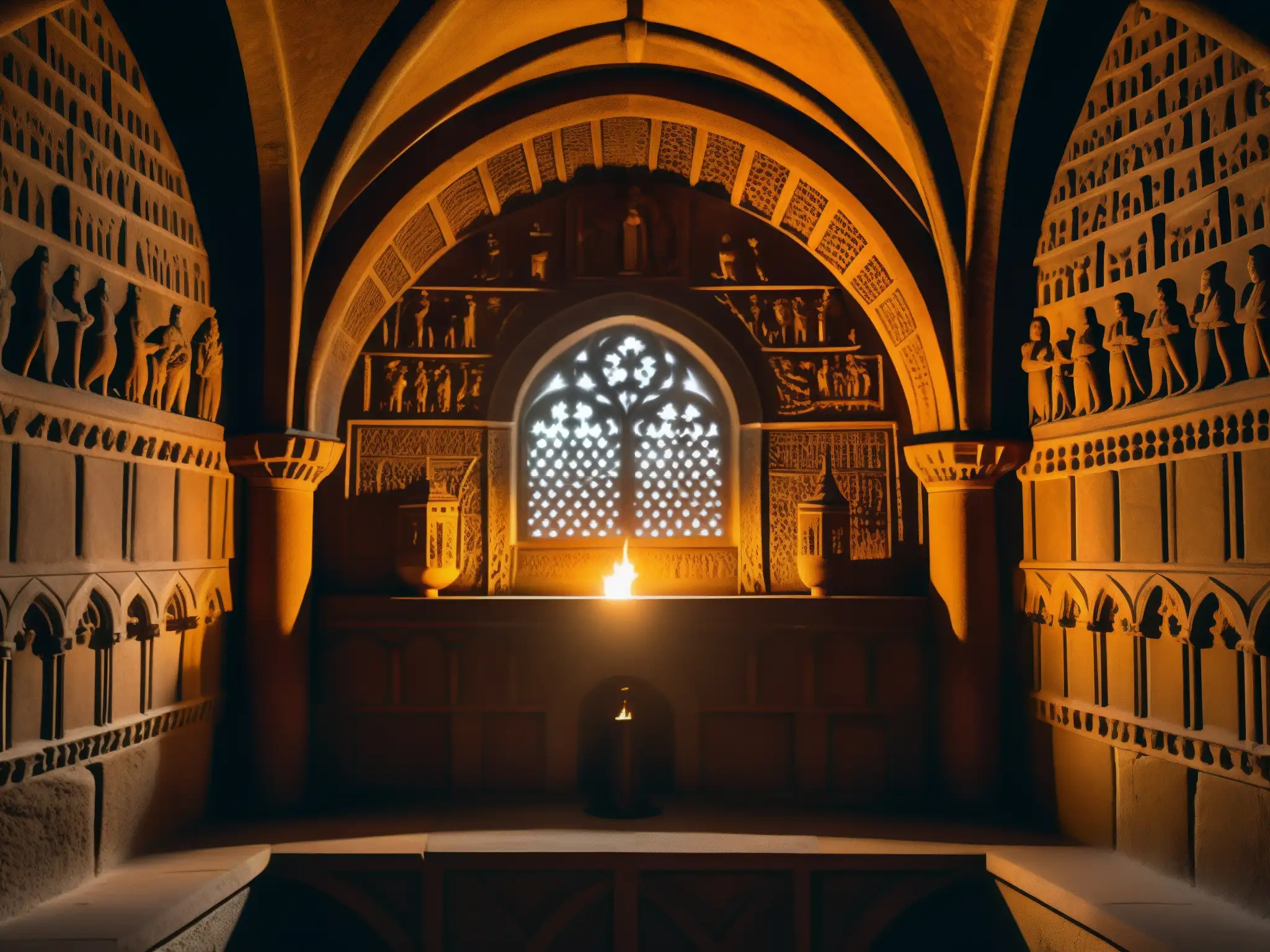 Misteriosa cripta real en la catedral de Roskilde, con sarcófagos ornamentados y sombras inquietantes